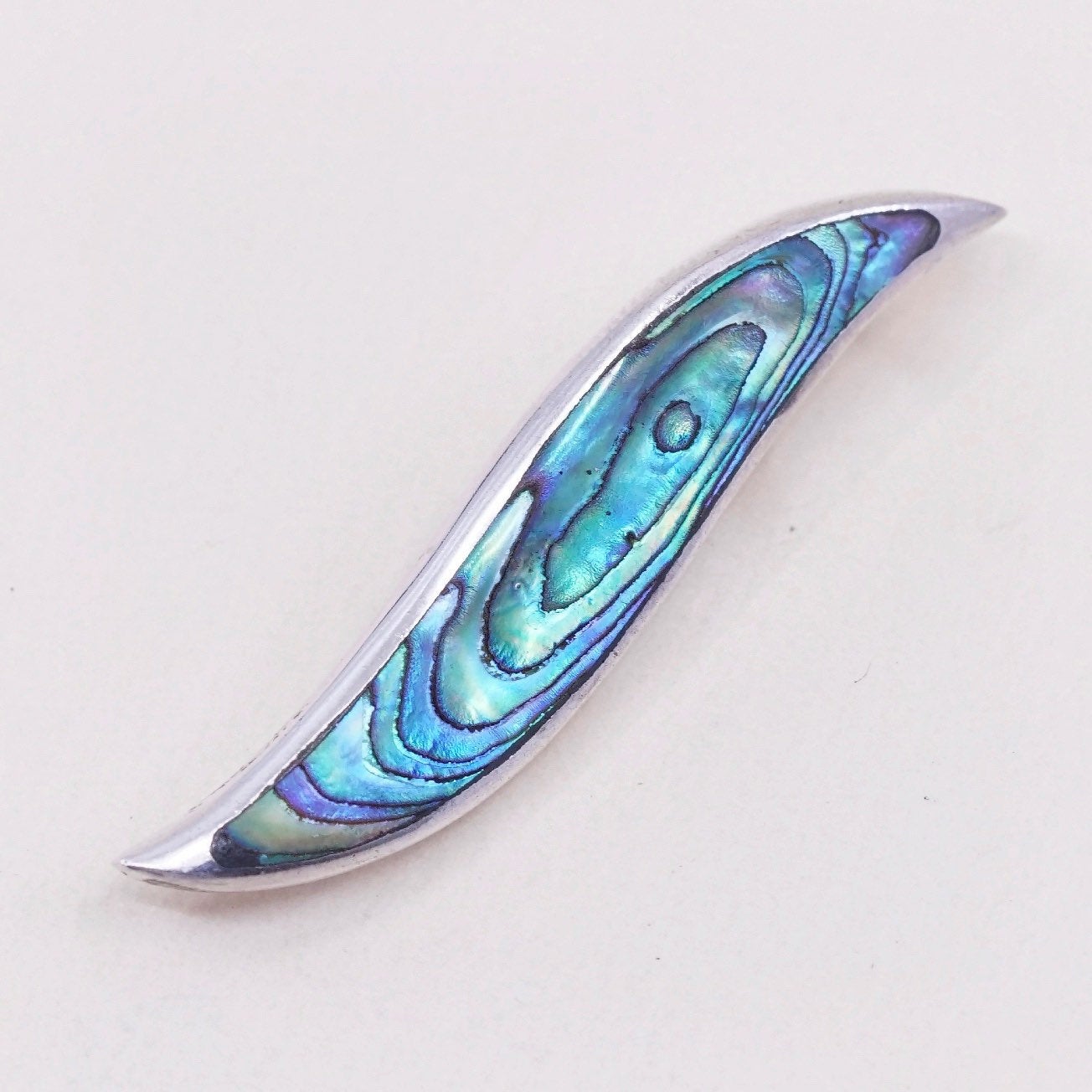Vintage sterling 925 silver handmade pendant, simple one stroke with abalone