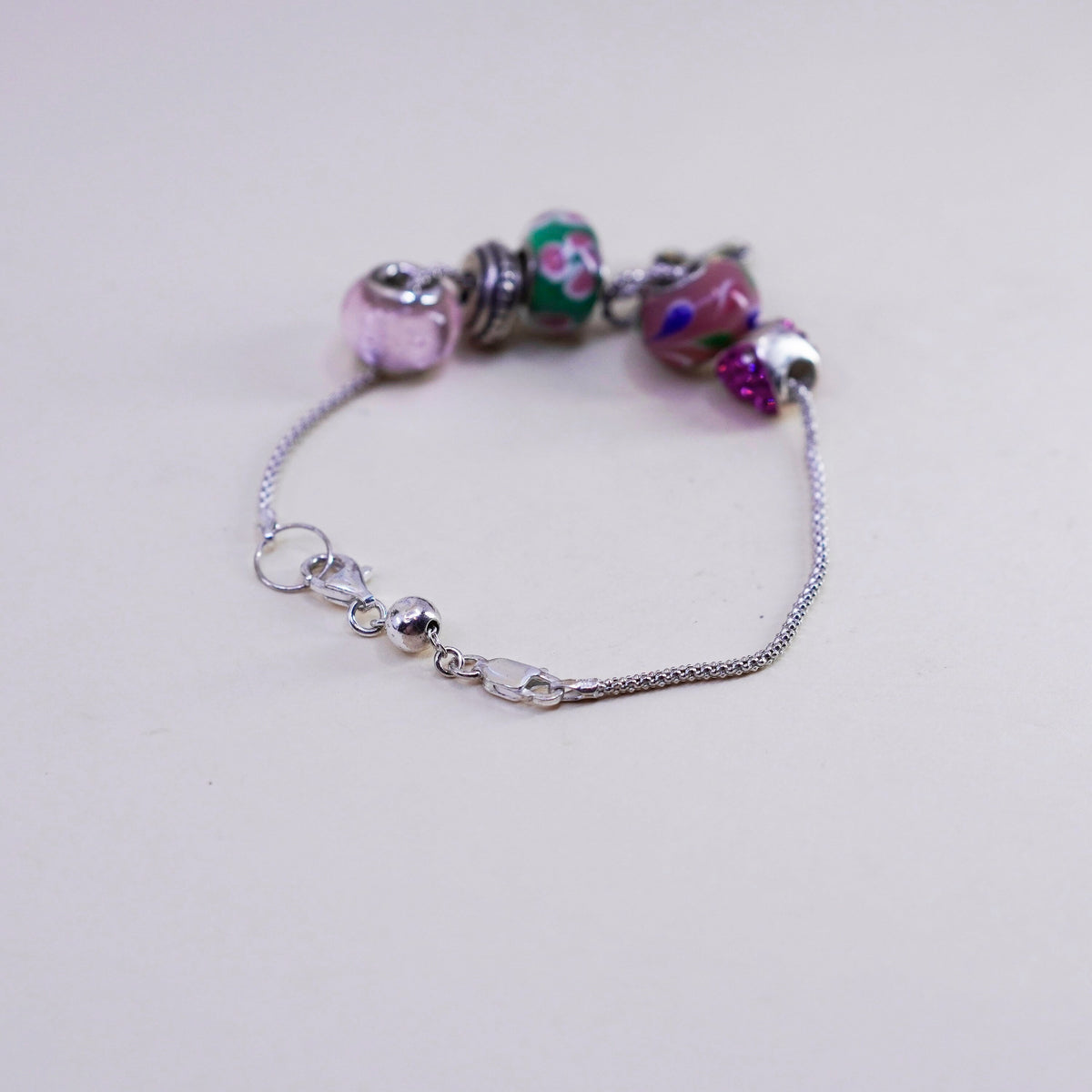 8”, 925 Sterling silver popcorn bracelet artisan floral glass beads cross charm