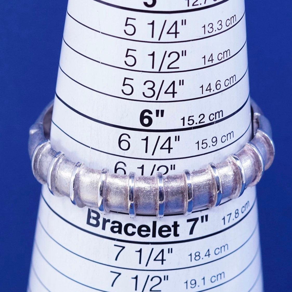6.75", vtg sterling silver handmade bracelet, ribbed textured 925 hinged bangle