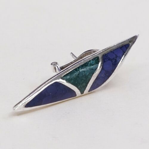 1.75”, Vtg Sterling Silver Handmade Earrings, Modern 925 Studs W/ Turquoise