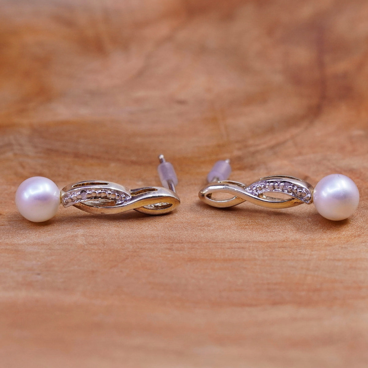 Vintage vermeil gold over Sterling 925 silver earrings with diamond and pearl