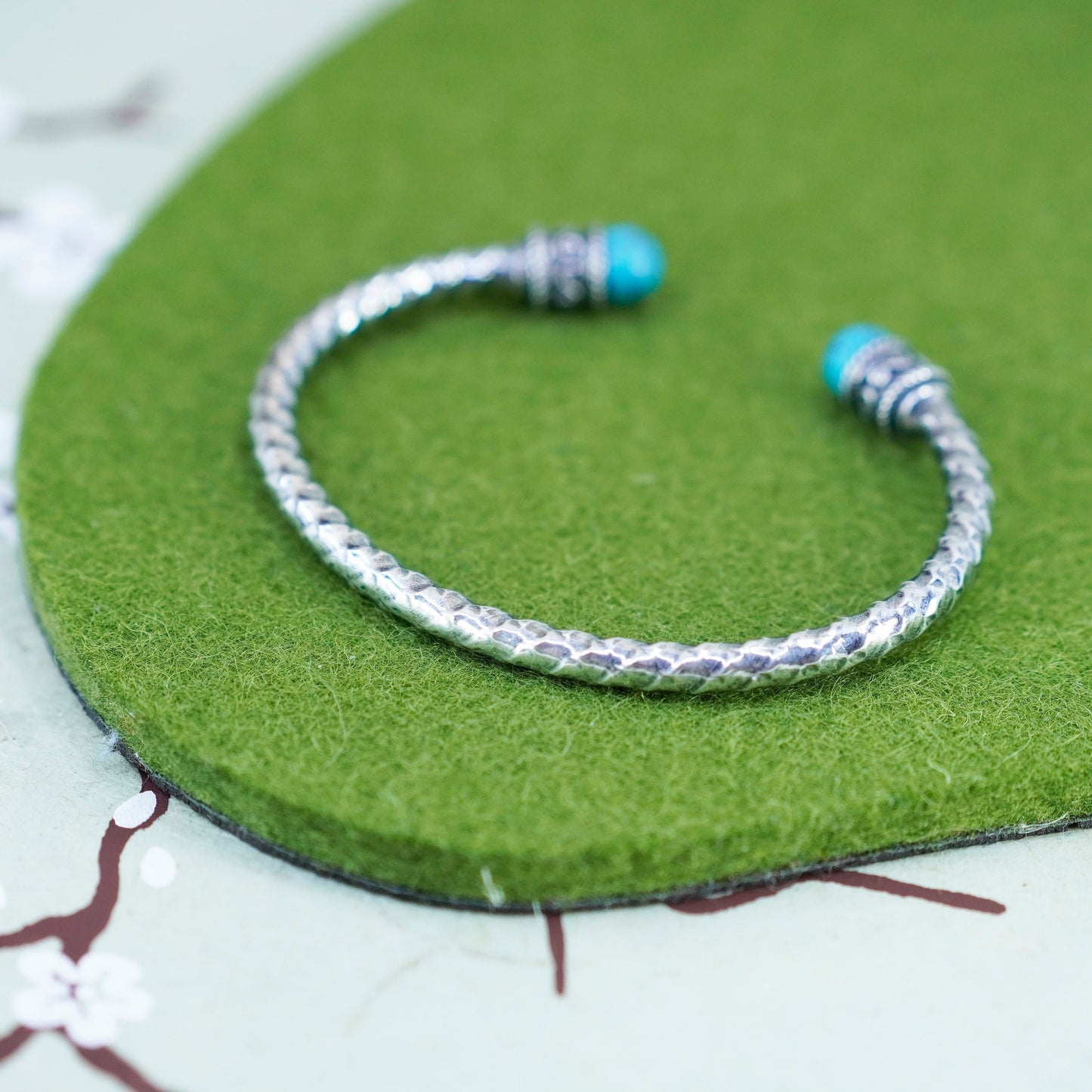 5.75”, Native American southwestern Sterling 925 silver cuff w/ Turquoise beads