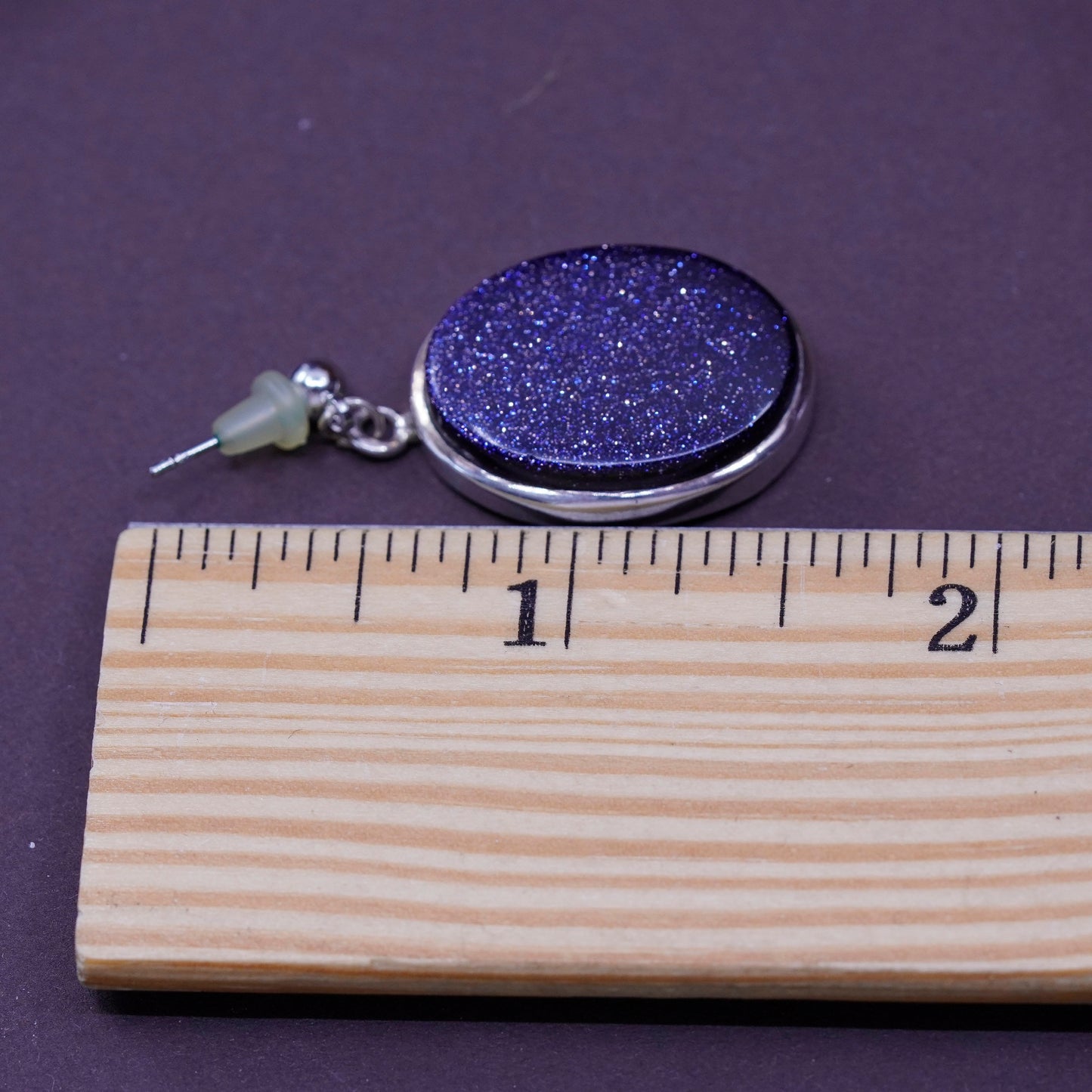 Vintage sterling 925 silver handmade earrings with oval blue goldstone dangle