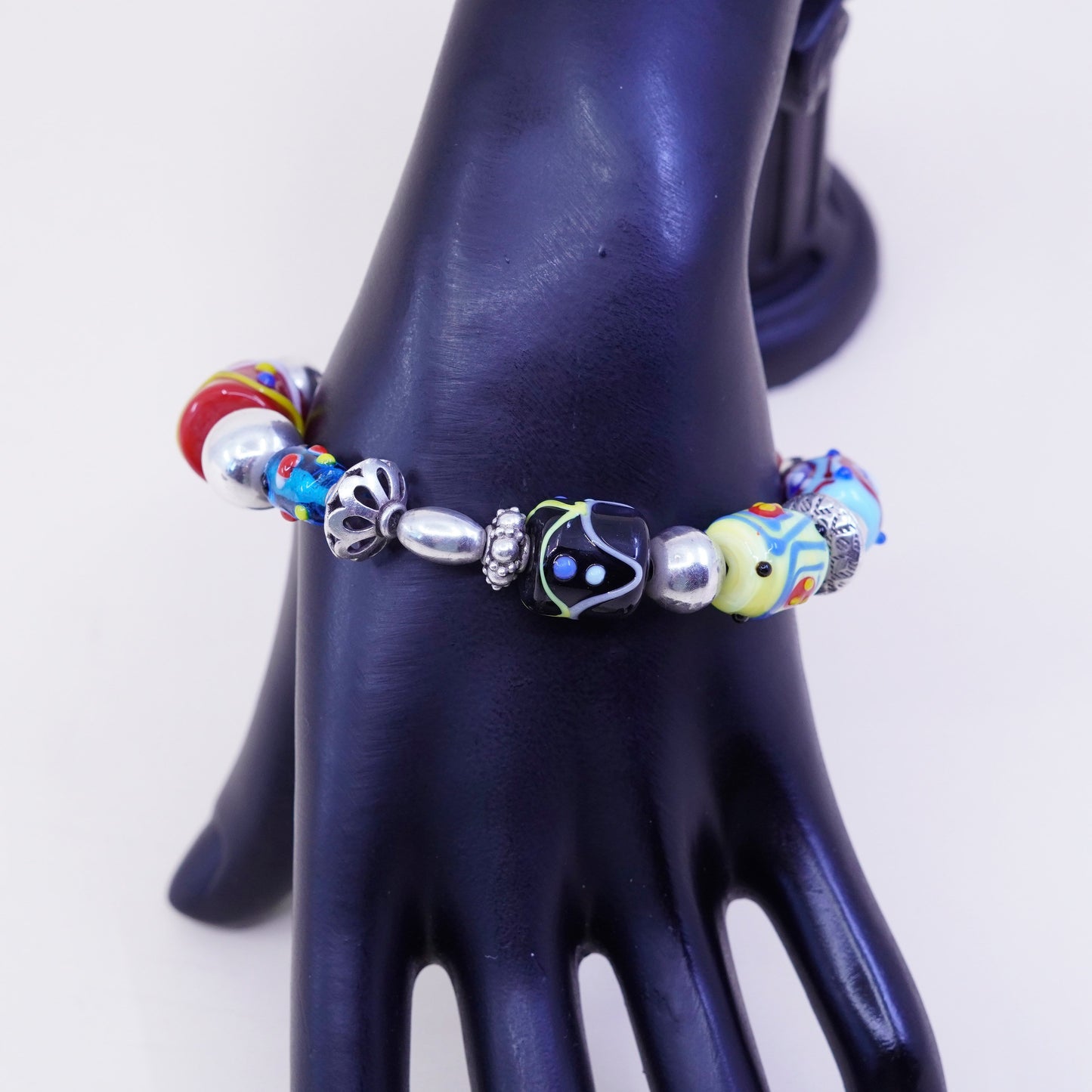 7”, vtg Silpada Sterling Silver Lampwork Art Glass Bead Toggle Bracelet B0871