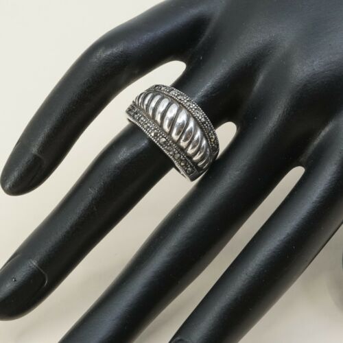 Size 7, Vtg Sterling Silver Handmade Ribbed Ring, 925 Silver Band W/ Marcasite