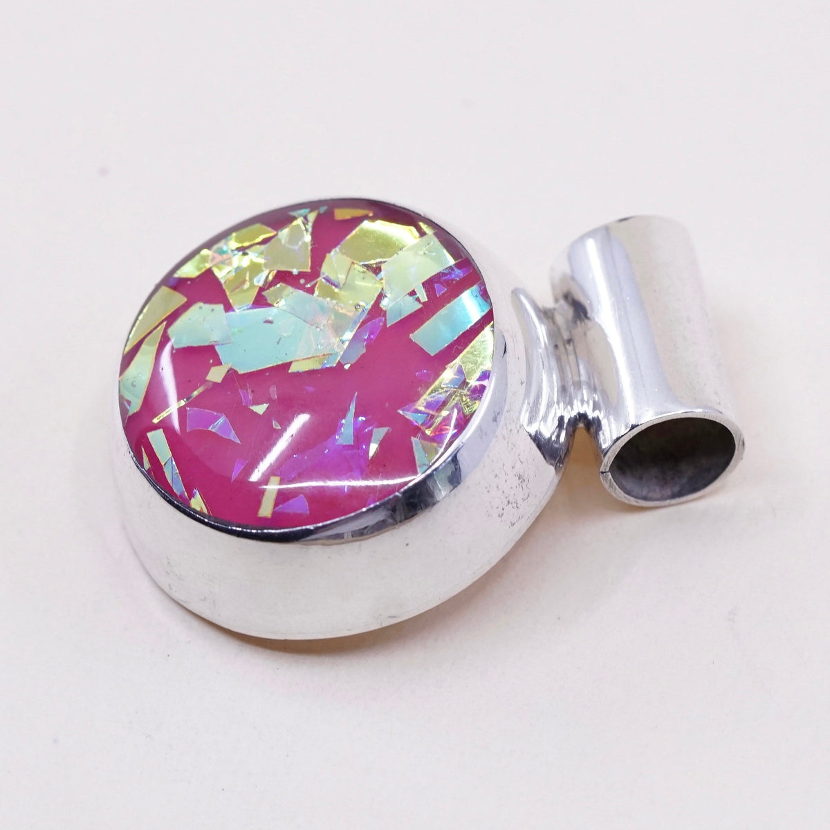 vtg sterling silver with artisan glass slide pendant, dichroic glass pendant