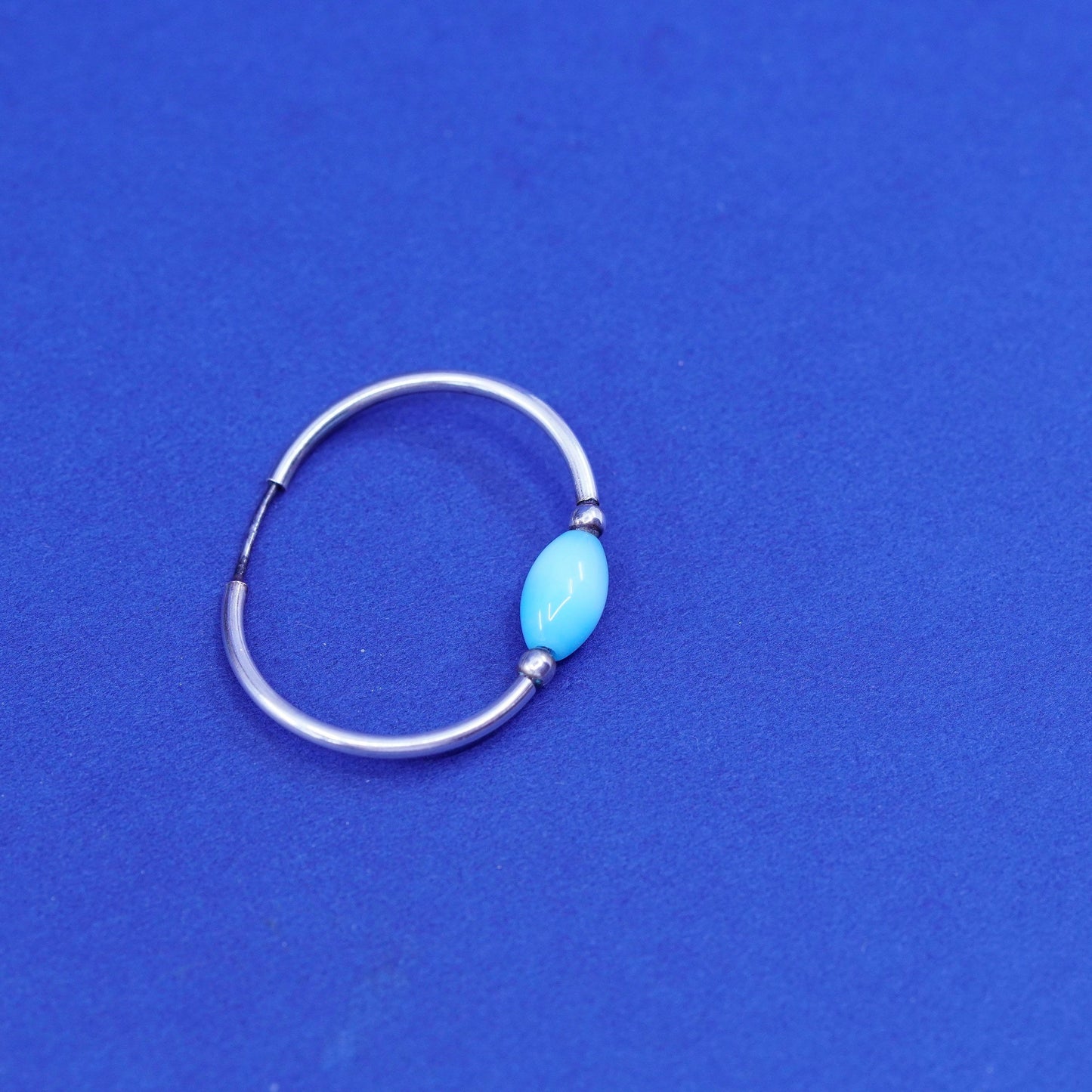 1.25”, vtg Sterling silver handmade earrings, 925 hoops huggie blue cats eye