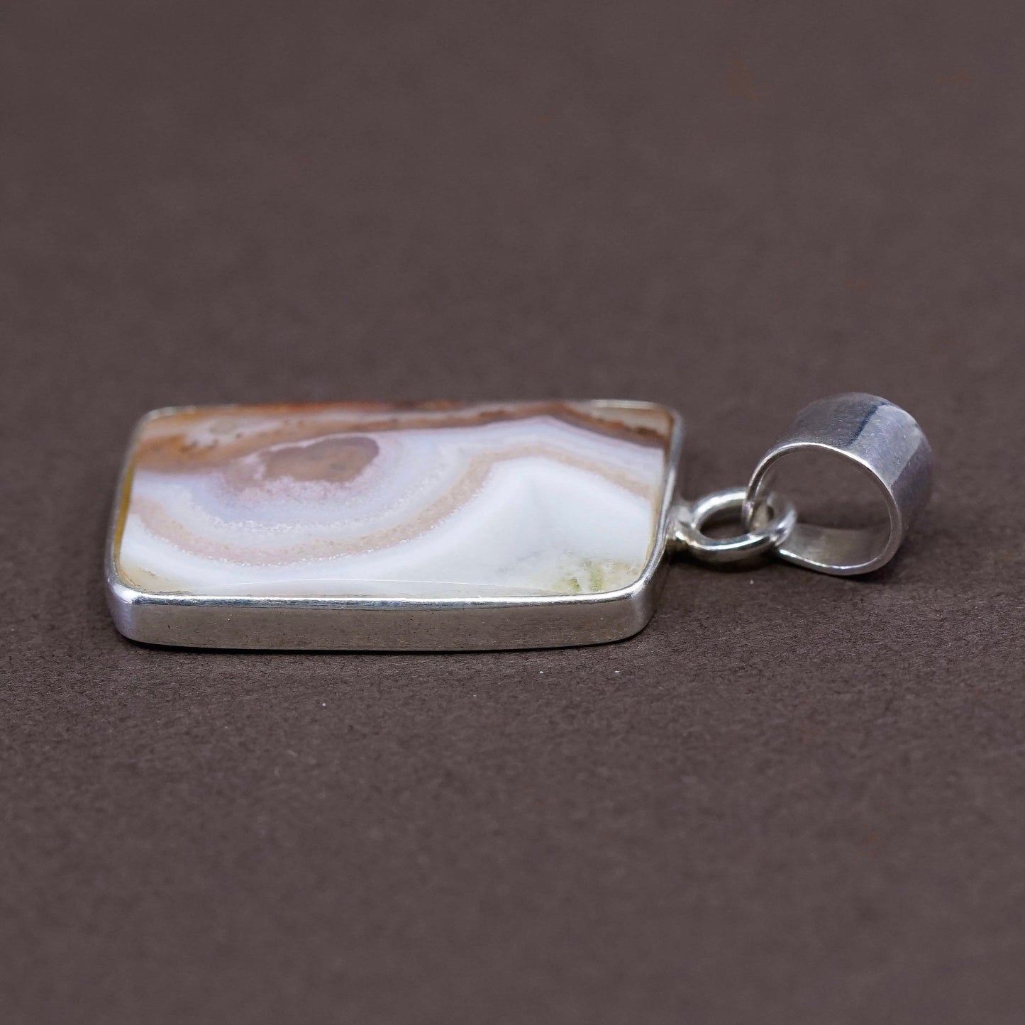 Vintage Sterling silver handmade pendant, square 925 pendant w/ lace agate