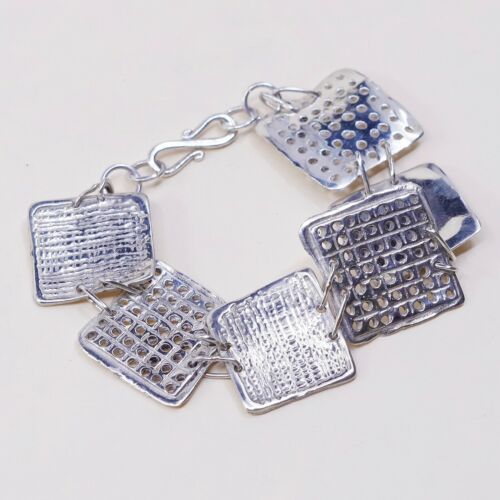 7”, Vintage Sterling Silver Handmade Bracelet, 925 Hammered Square Cookie Link