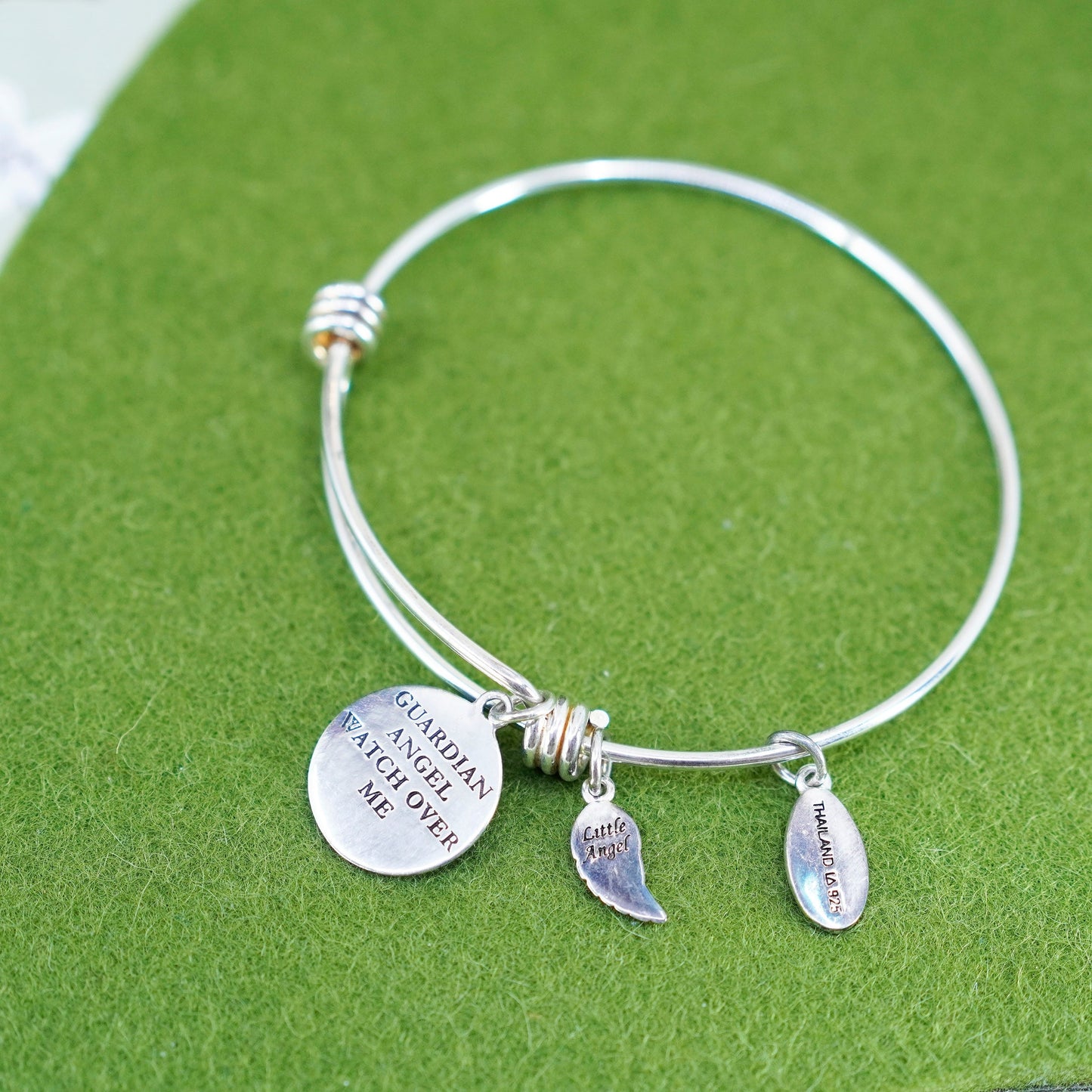 adjustable, sterling silver bracelet, 925 bangle with Guardian angel tag charm