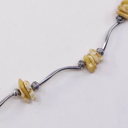 7.25”, Vtg Sterling 925 Silver Handmade Wavy Bar Bracelet W/ Amber Bead