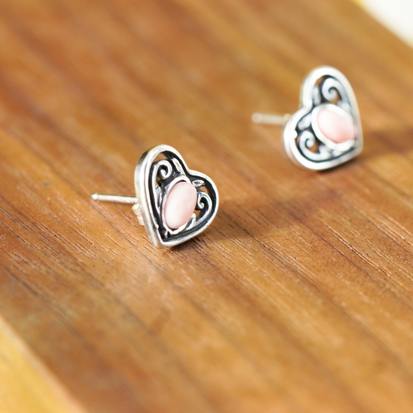 Vintage Sterling silver handmade earrings, 925 heart studs with pink cats eye
