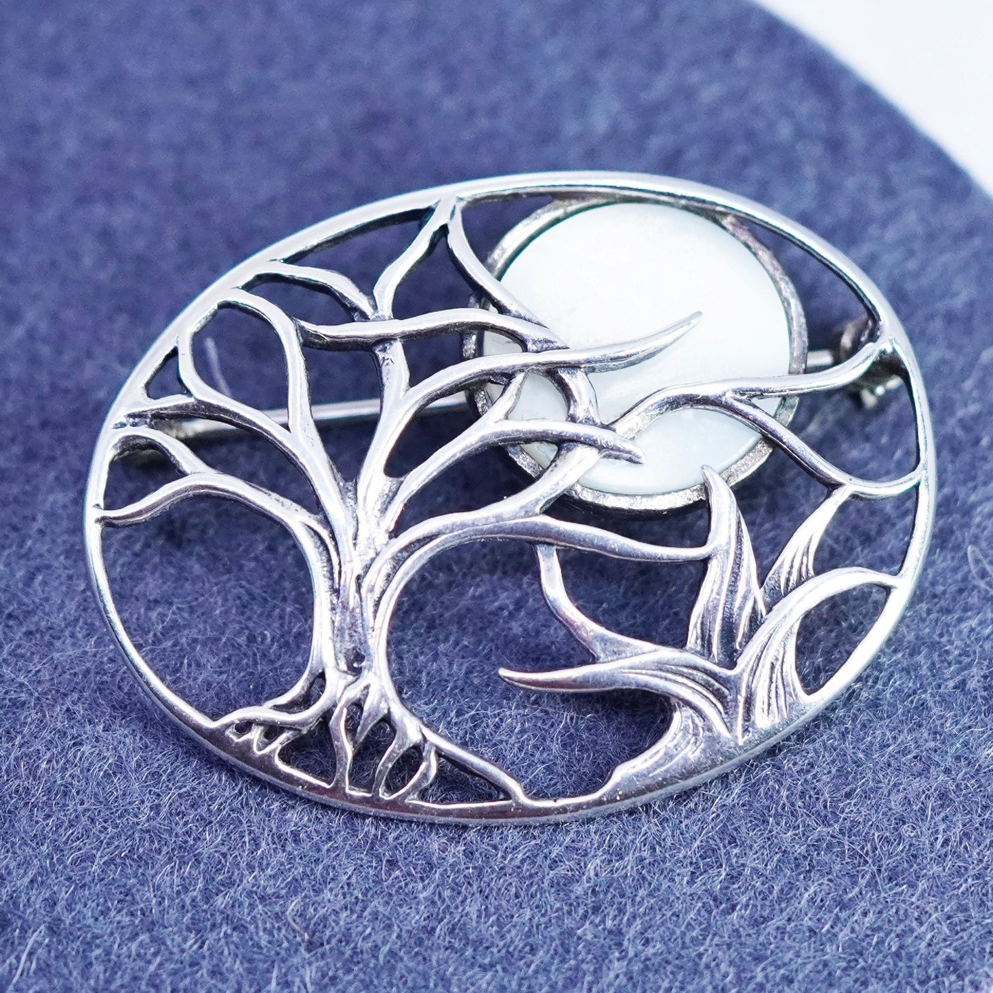 Vintage sterling silver handmade brooch, 925 tree pin with white cats eye moon