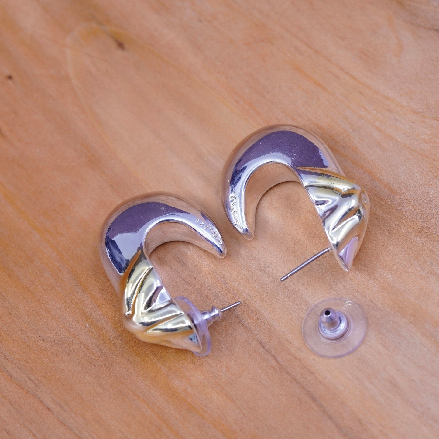 1.25”, two tone Sterling silver handmade earrings, 925 Huggie studs with 14K GF