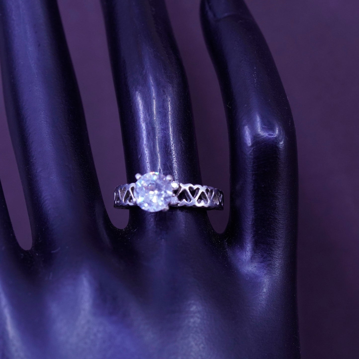 Size 7.25, vintage Sterling silver handmade ring, 925 engagement heart band cz