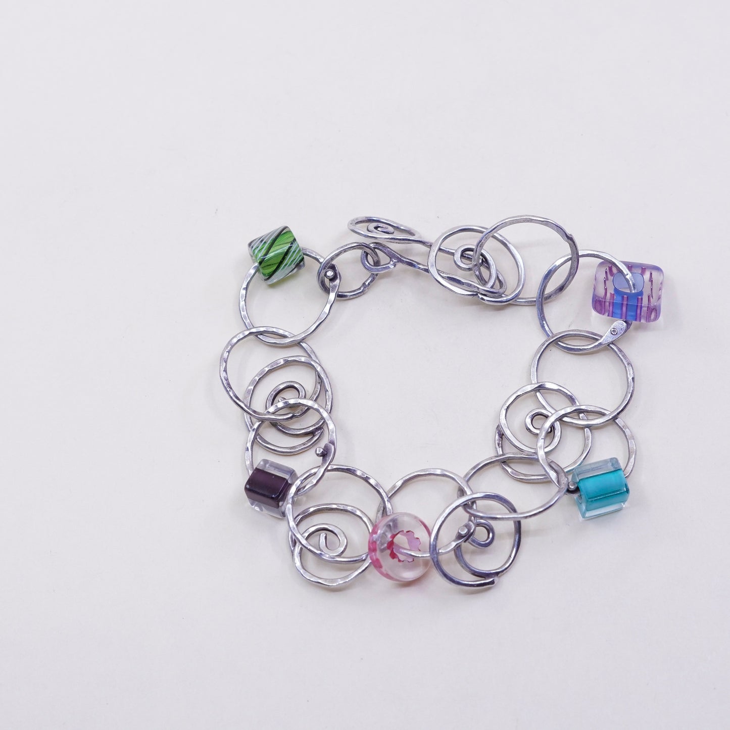 6”, 925 Sterling silver swirl circle bracelet with artisan colorful glass beads