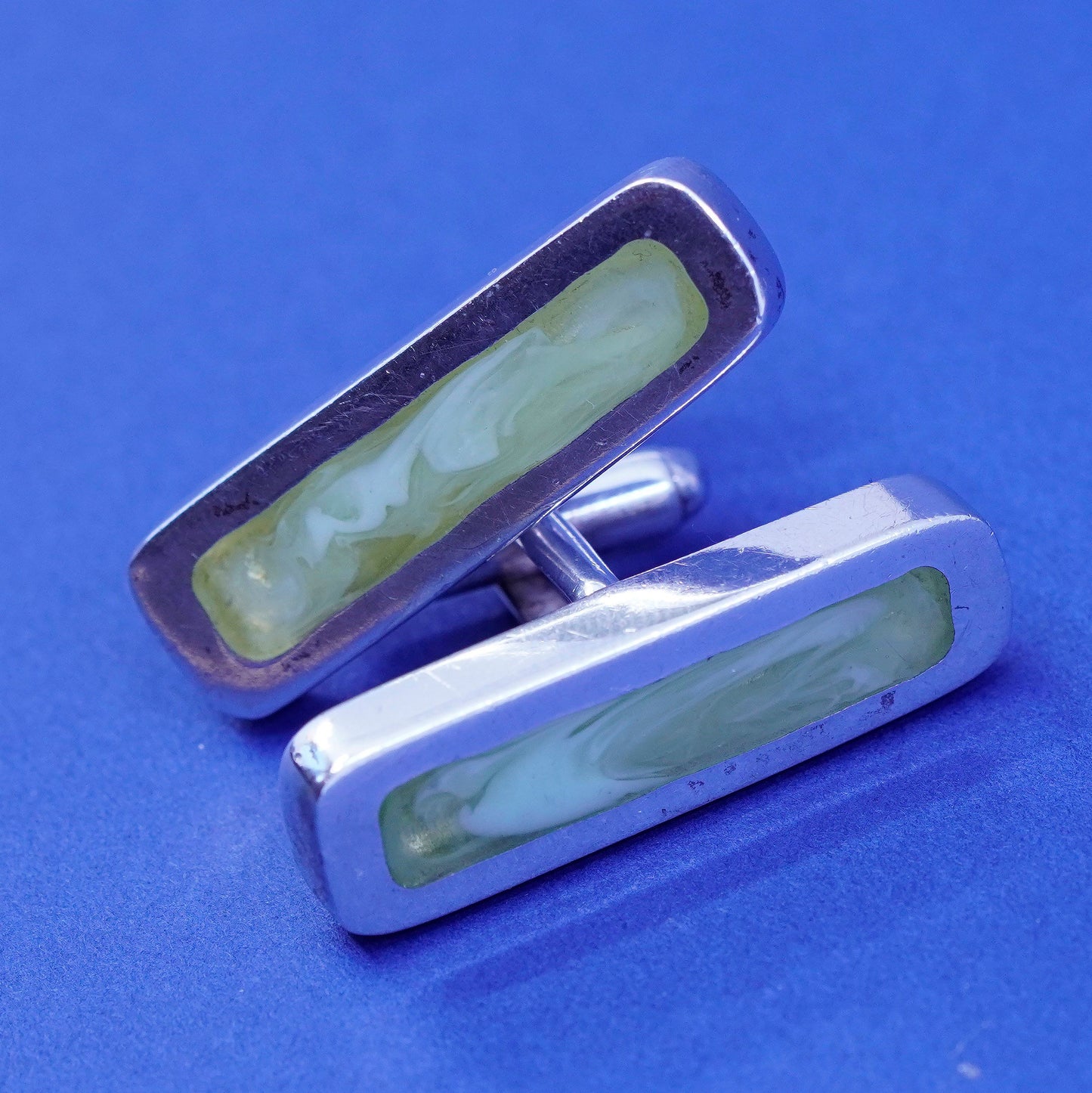 DD designer sterling silver Handmade cufflink, long 925 cuff links green resin