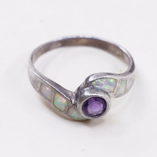 Sz 8.75, Vtg Sterling Silver Ring, 925 Silver Band W/ opal n amethyst