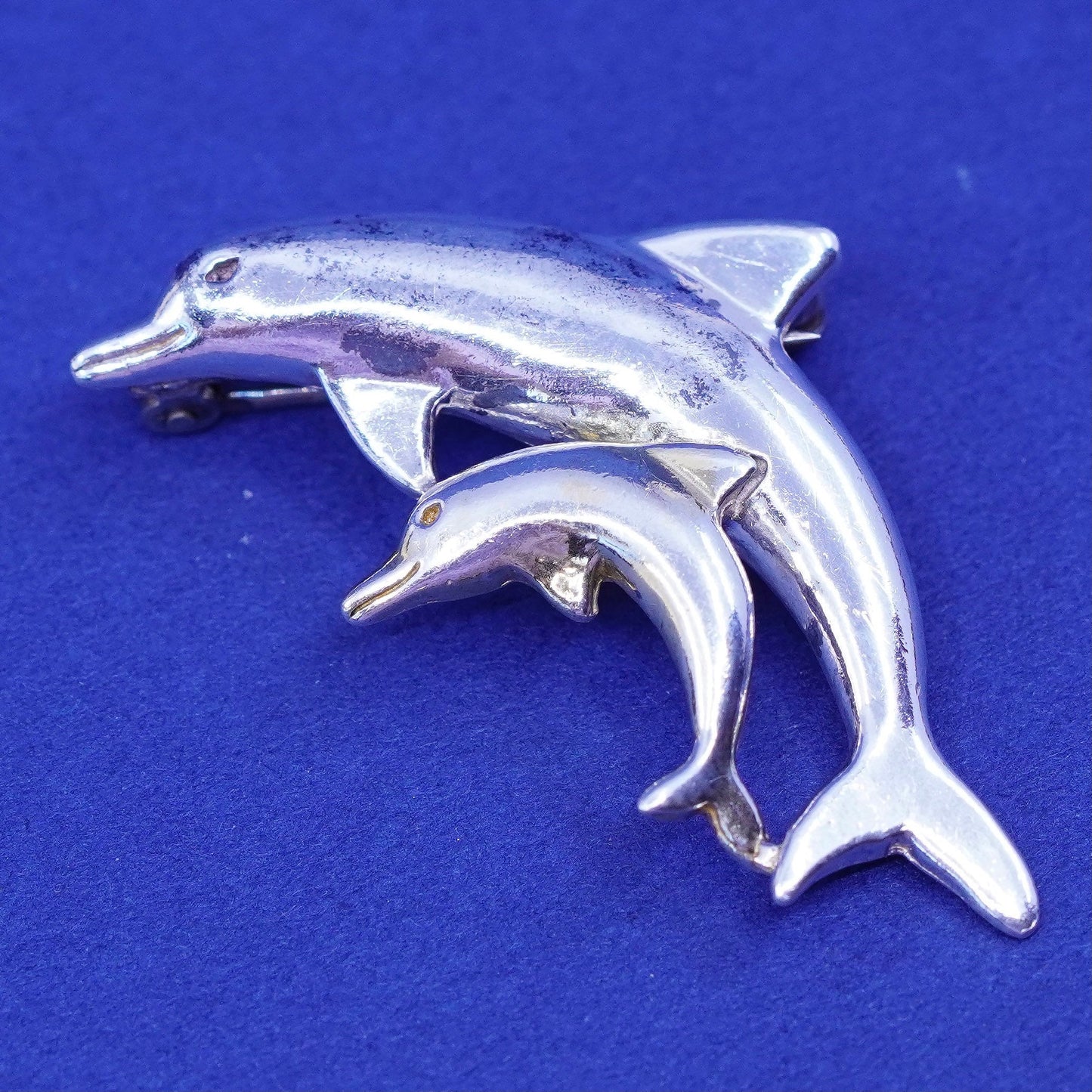 vintage Sterling 925 silver handmade brooch, mother baby dolphin pin