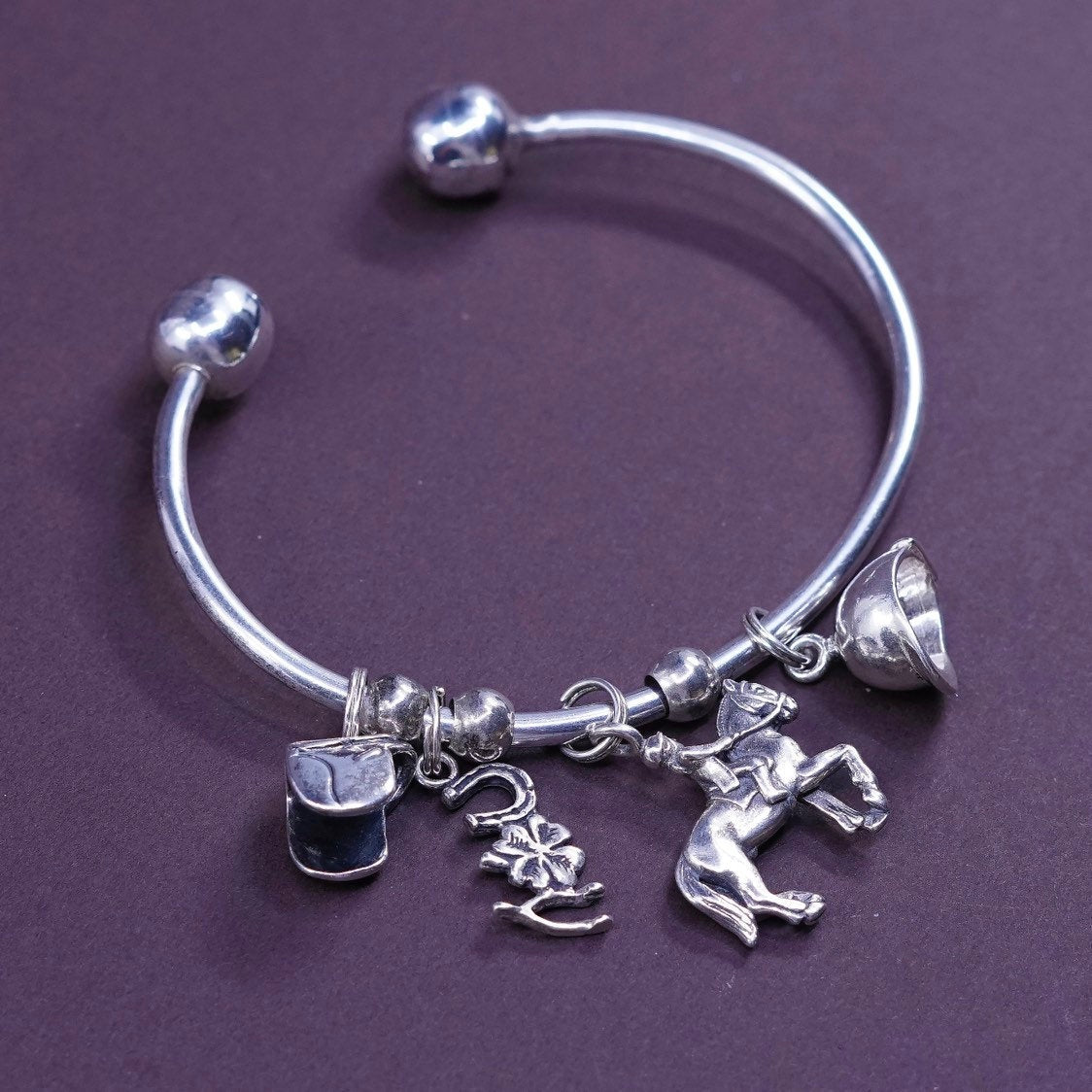 7", sterling silver handmade bracelet, 925 4 charms lover horse riding racing