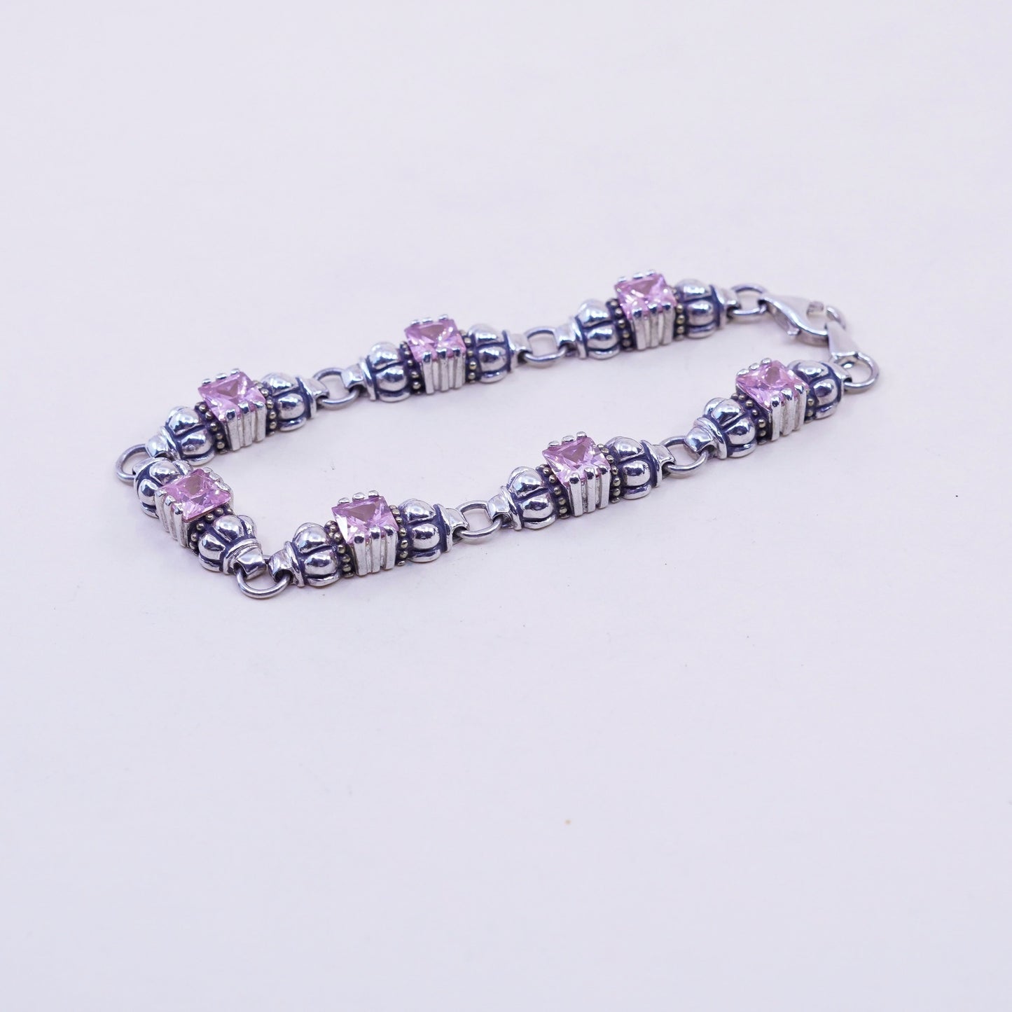 7”, Vintage Sterling 925 silver ribbed bracelet with pink crystals