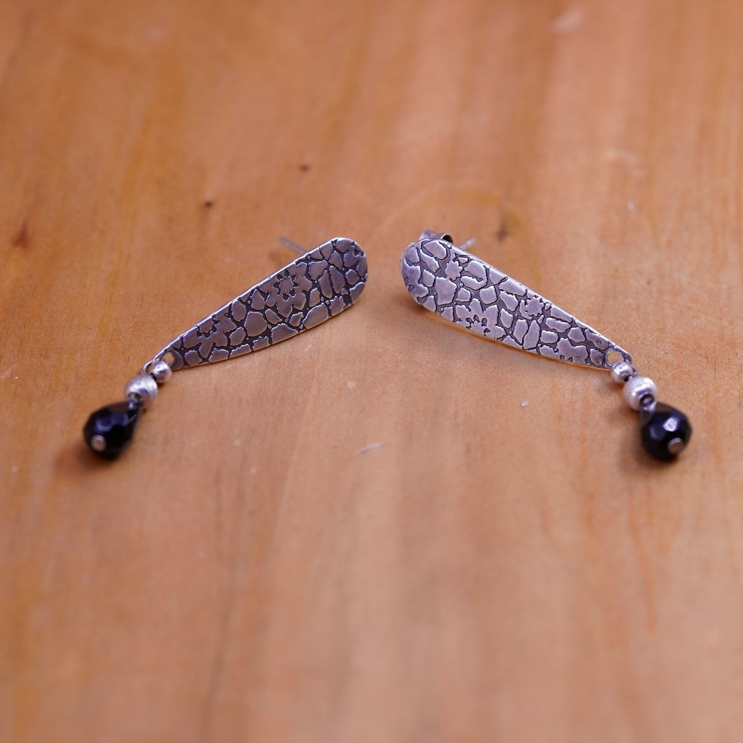 Vintage Sterling silver handmade earrings, textured 925 teardrop with obsidian