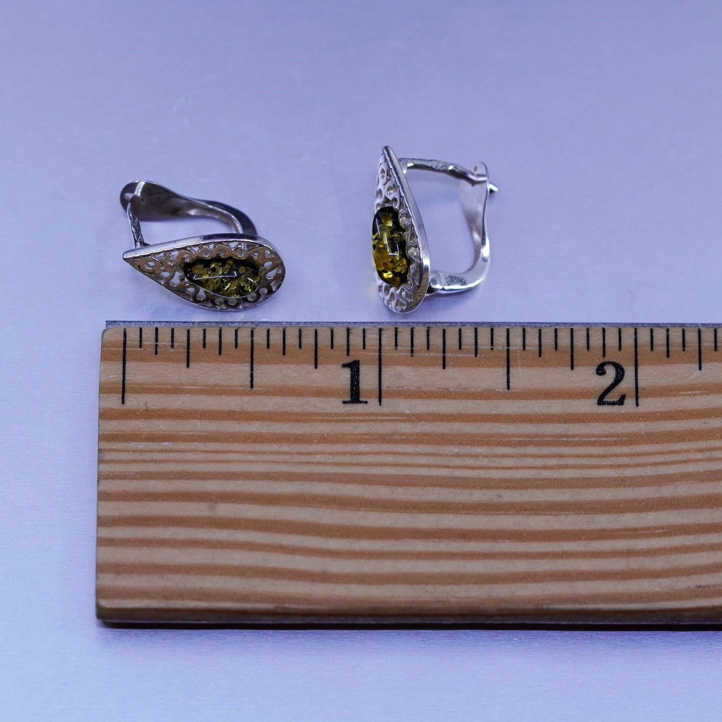 Vintage Sterling 925 silver handmade earrings, filigree studs w/ teardrop Amber
