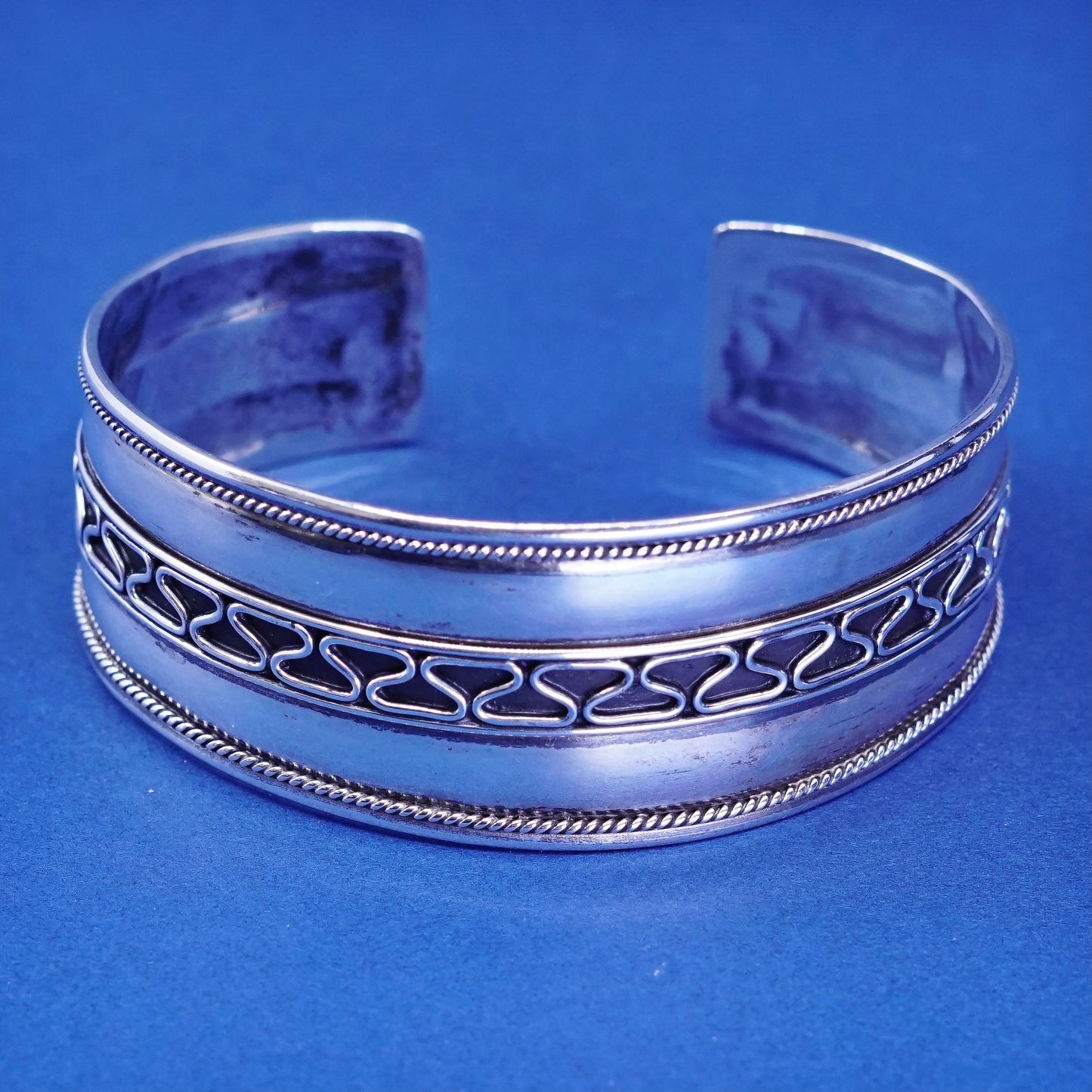 7", vtg sterling silver handmade bracelet, wide 925 twisted cable cuff