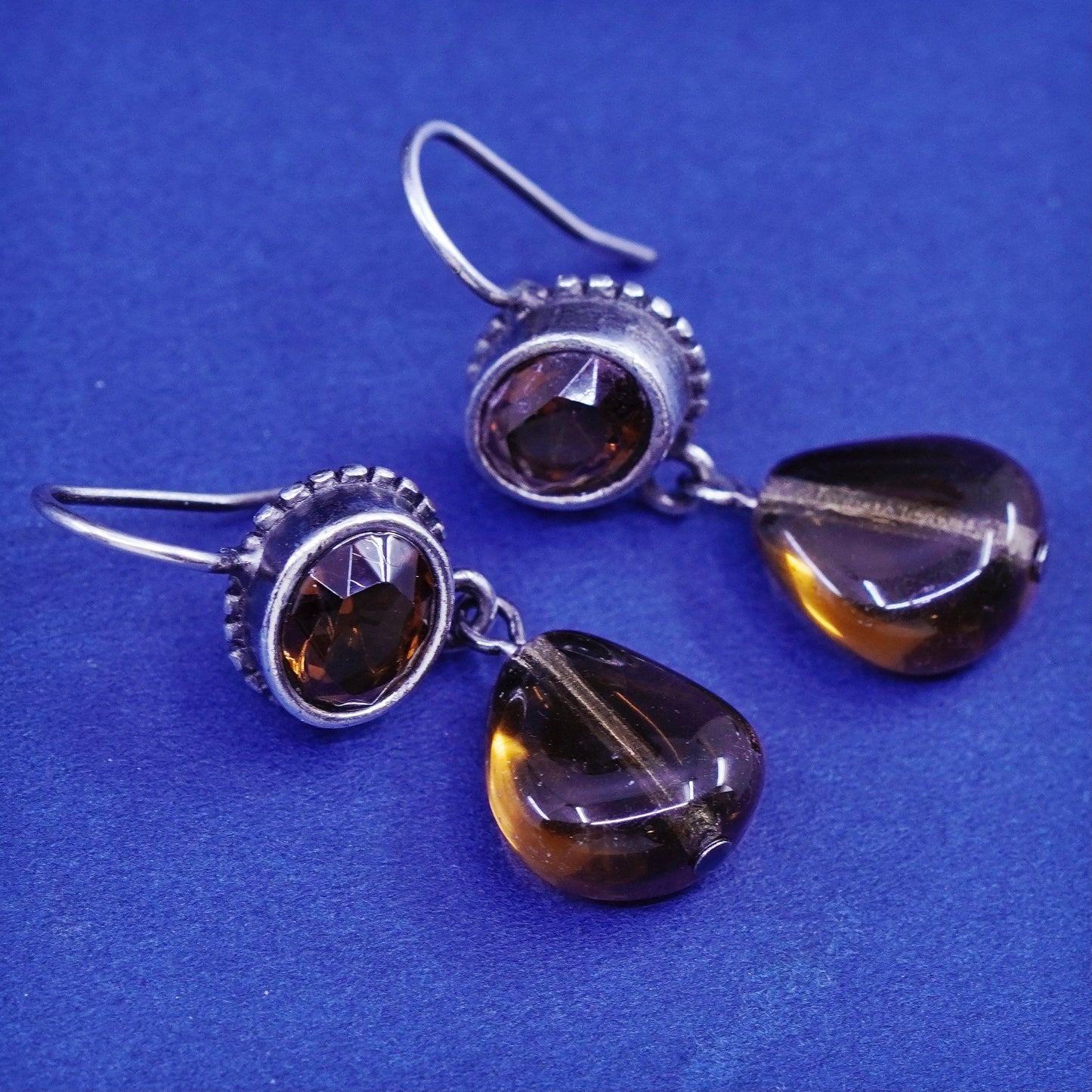 Vintage sterling 925 silver handmade earrings with teardrop smoky topaz