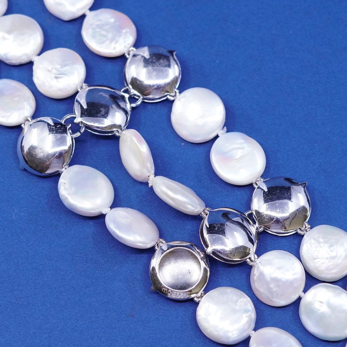 6.25" sterling silver handmade bracelet, flatten circle pearl beads N 925 discs