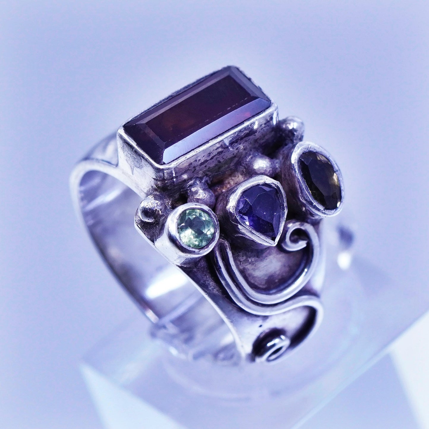 Size 5.75, vintage Sterling 925 silver handmade wide ring citrine ruby peridot
