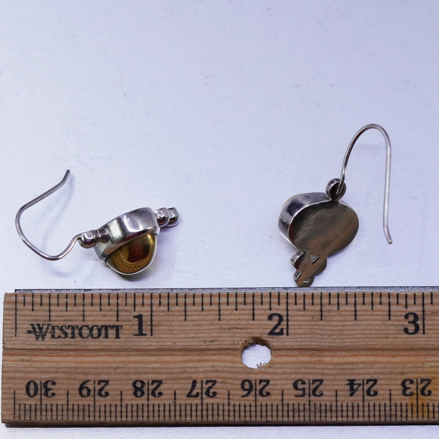 vintage Mexico Sterling silver handmade earrings, 925 dangles with brass center