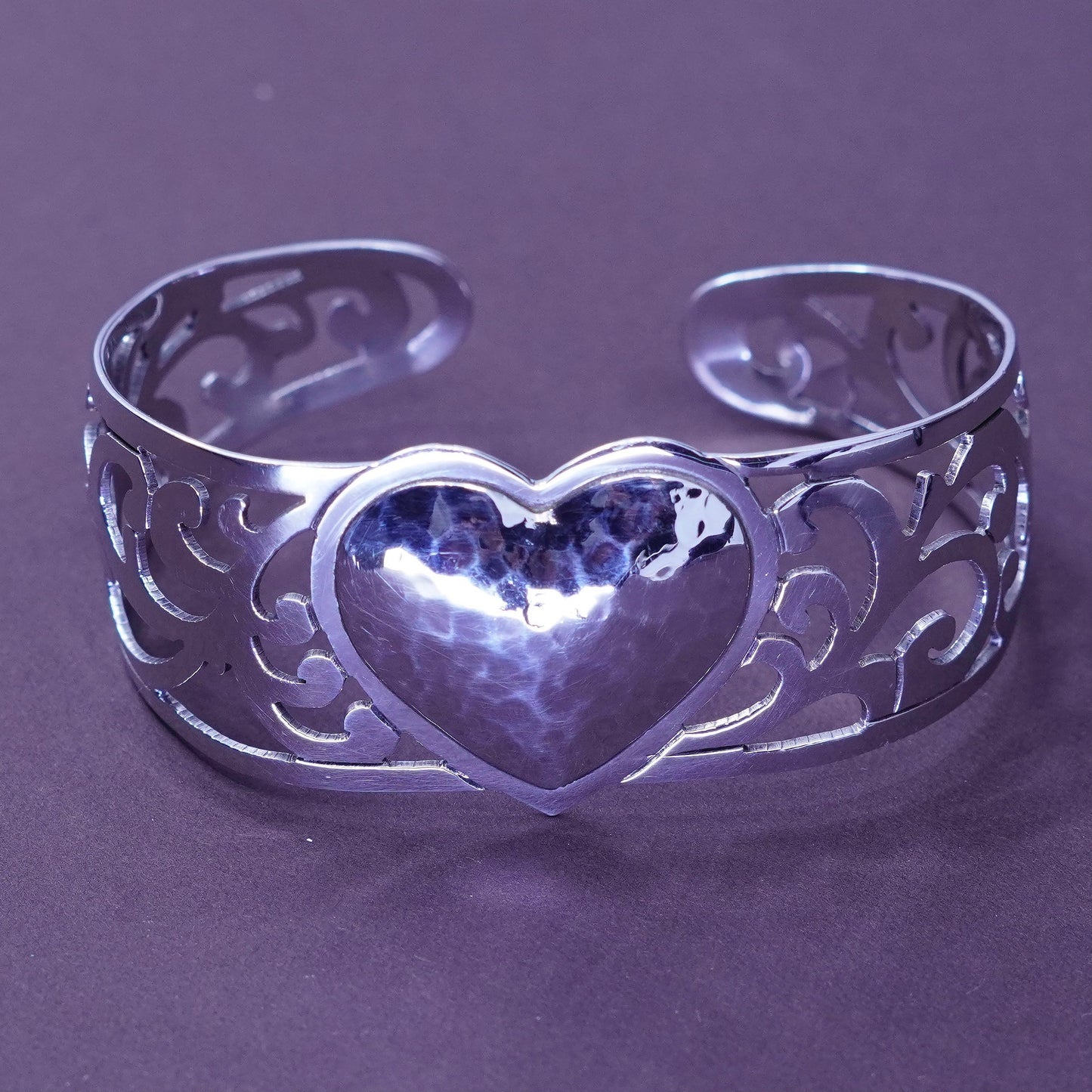 6.5”, vtg ATI Sterling silver handmade heart bracelet, mexico 925 Filigree cuff