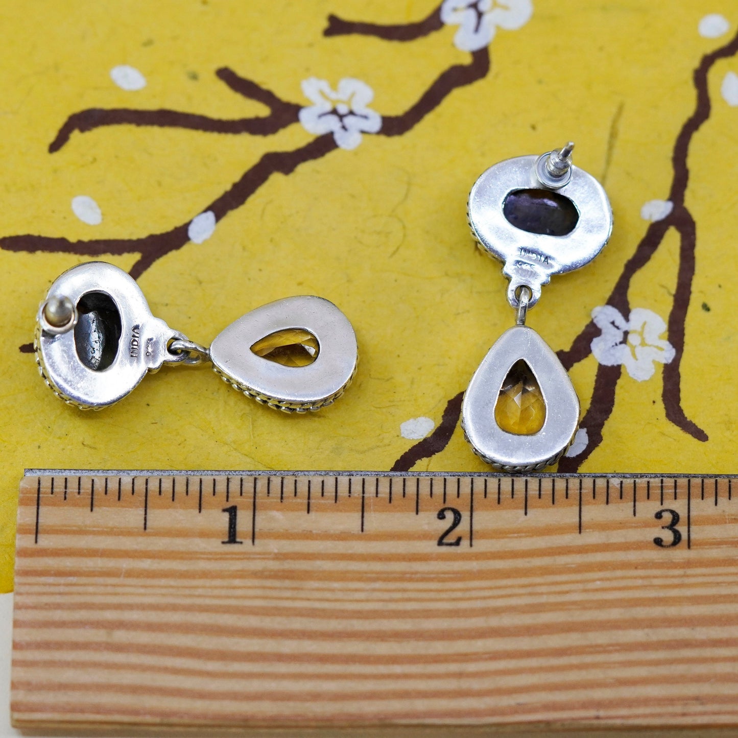 Indian Sterling 925 silver earrings oval labradorite, teardrop citrine beads