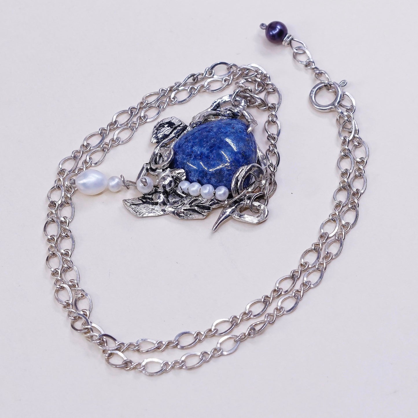 18" Israel sterling silver 925 necklace figaro chain W sodalite pendant N pearl