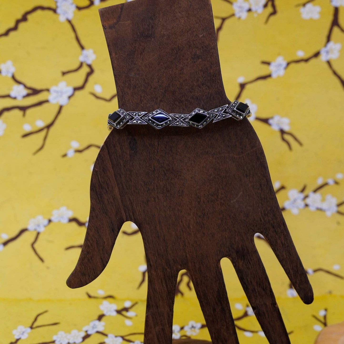 6.75”, Sterling silver handmade bracelet 925 tennis bracelet marcasite obsidian