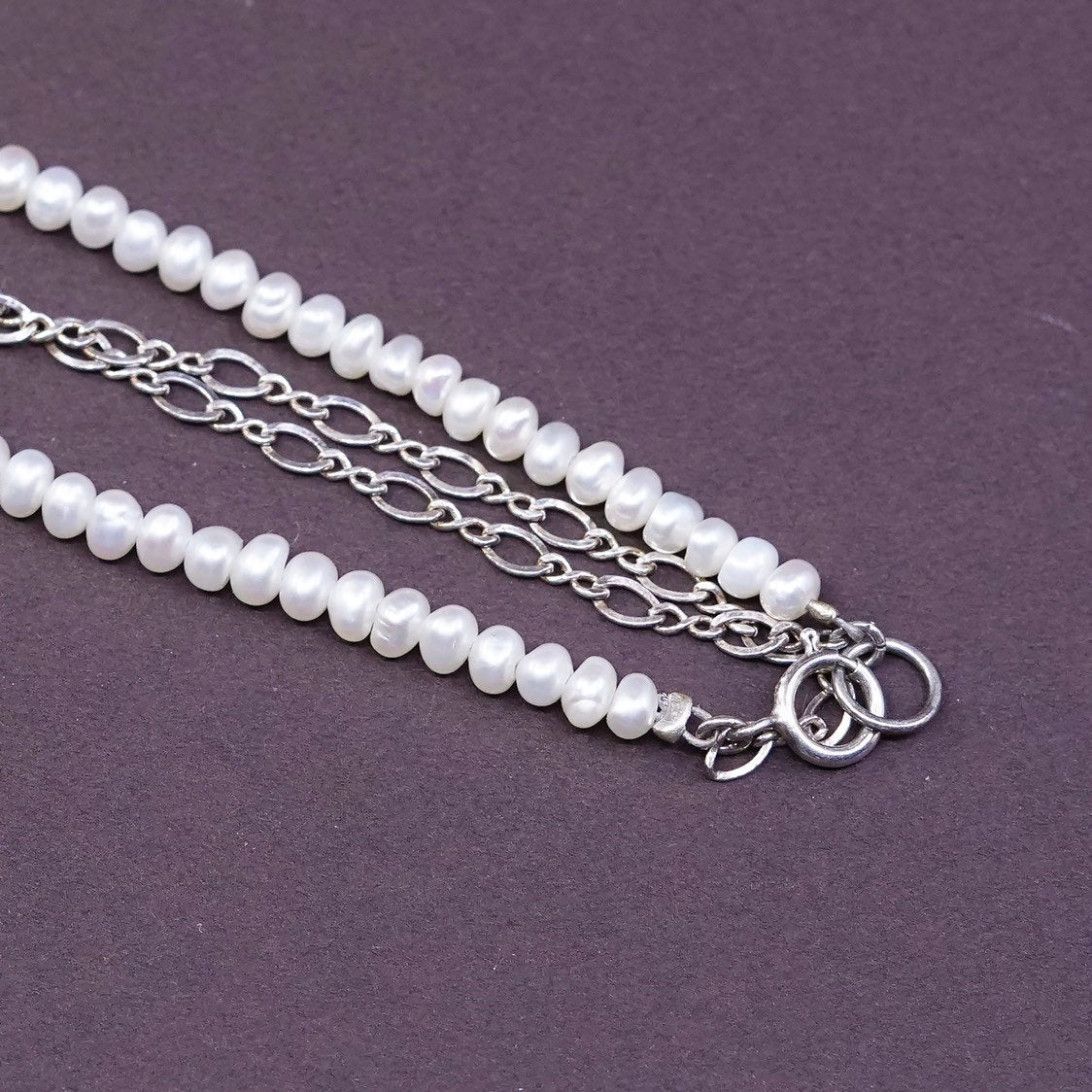16", sterling silver handmade necklace, 925 figaro chain w/ freshwater pearl