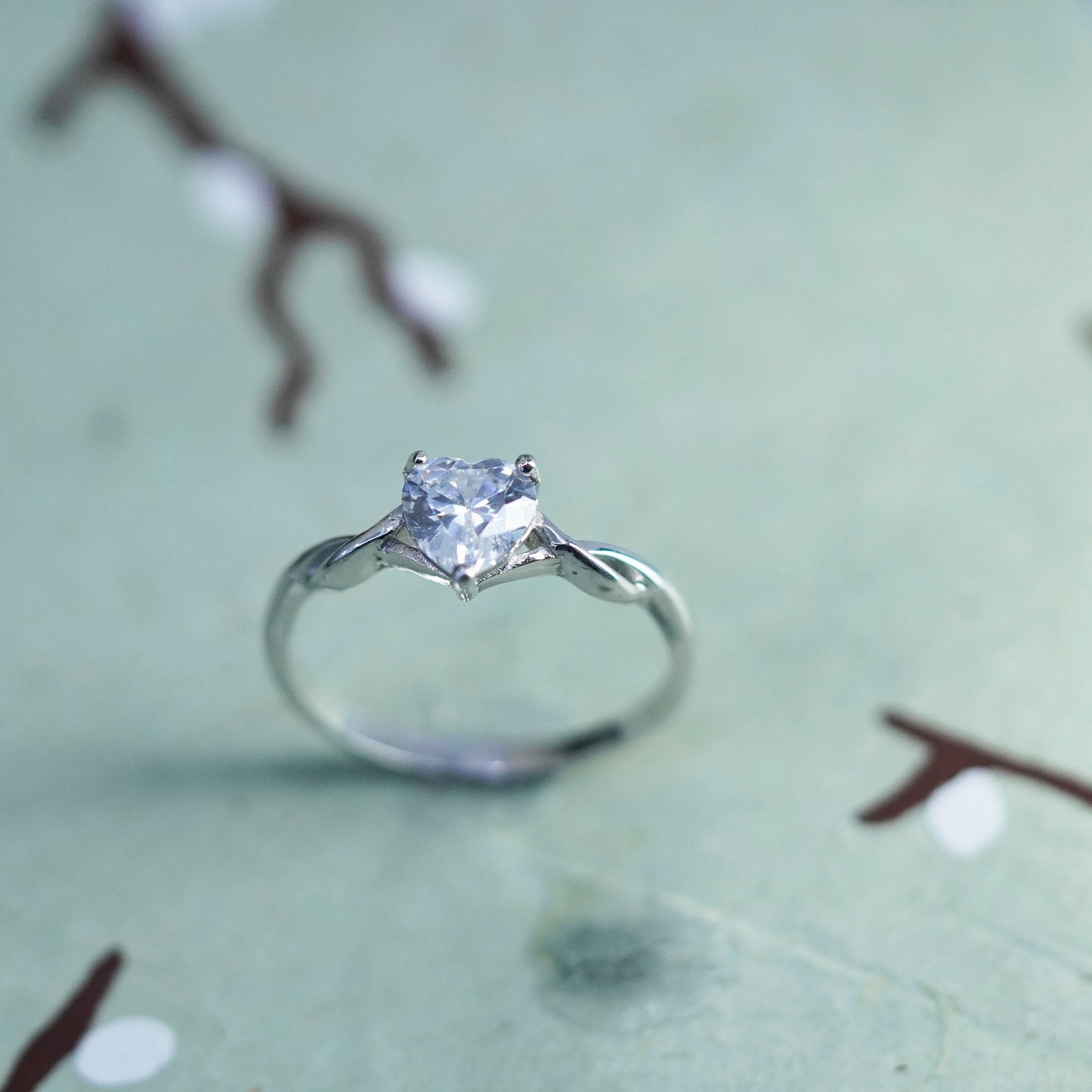 Size 7.25, Vintage sterling silver handmade ring, engagement ring with heart cz