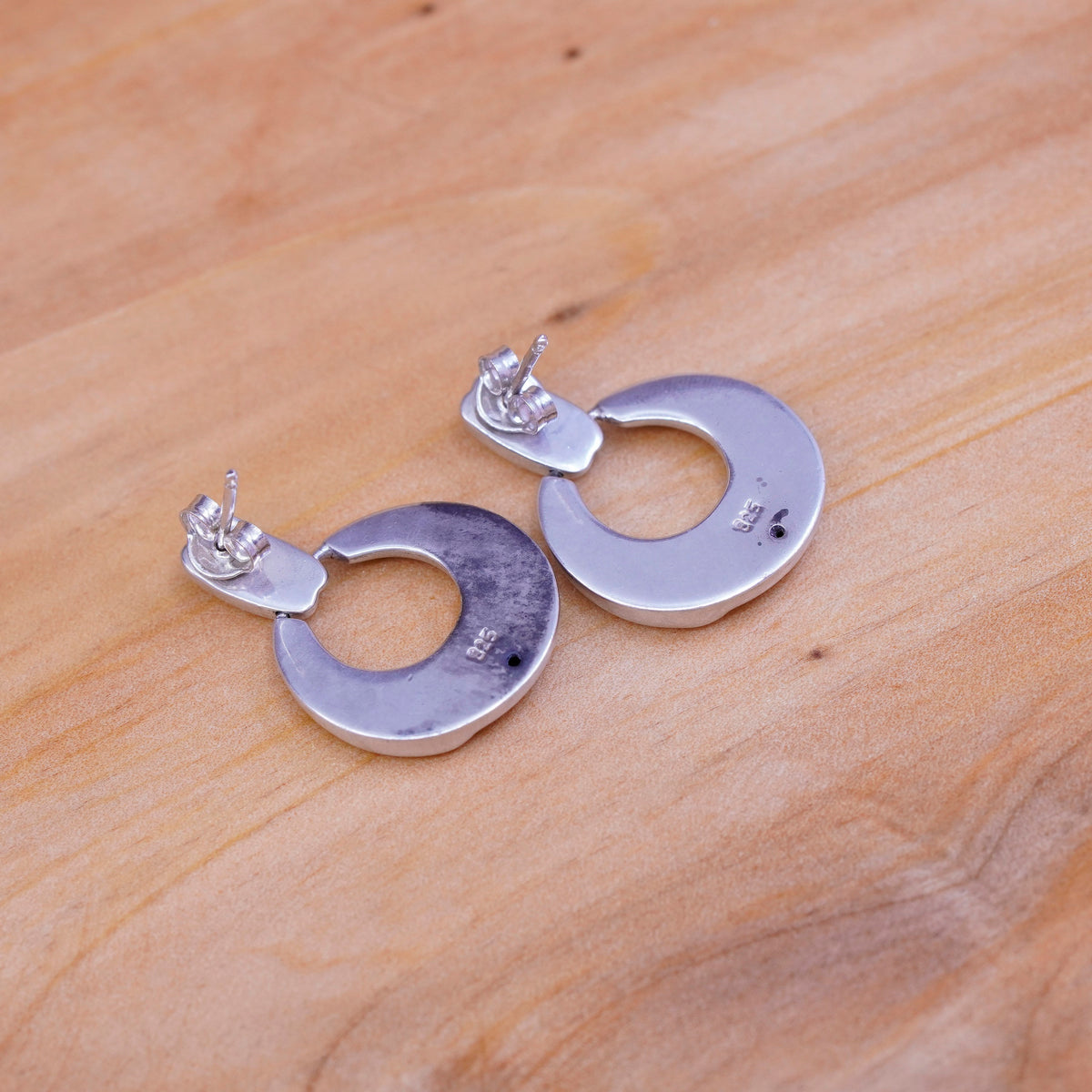 Vintage Sterling silver handmade earrings, Modern 925 ribbed circle dangles