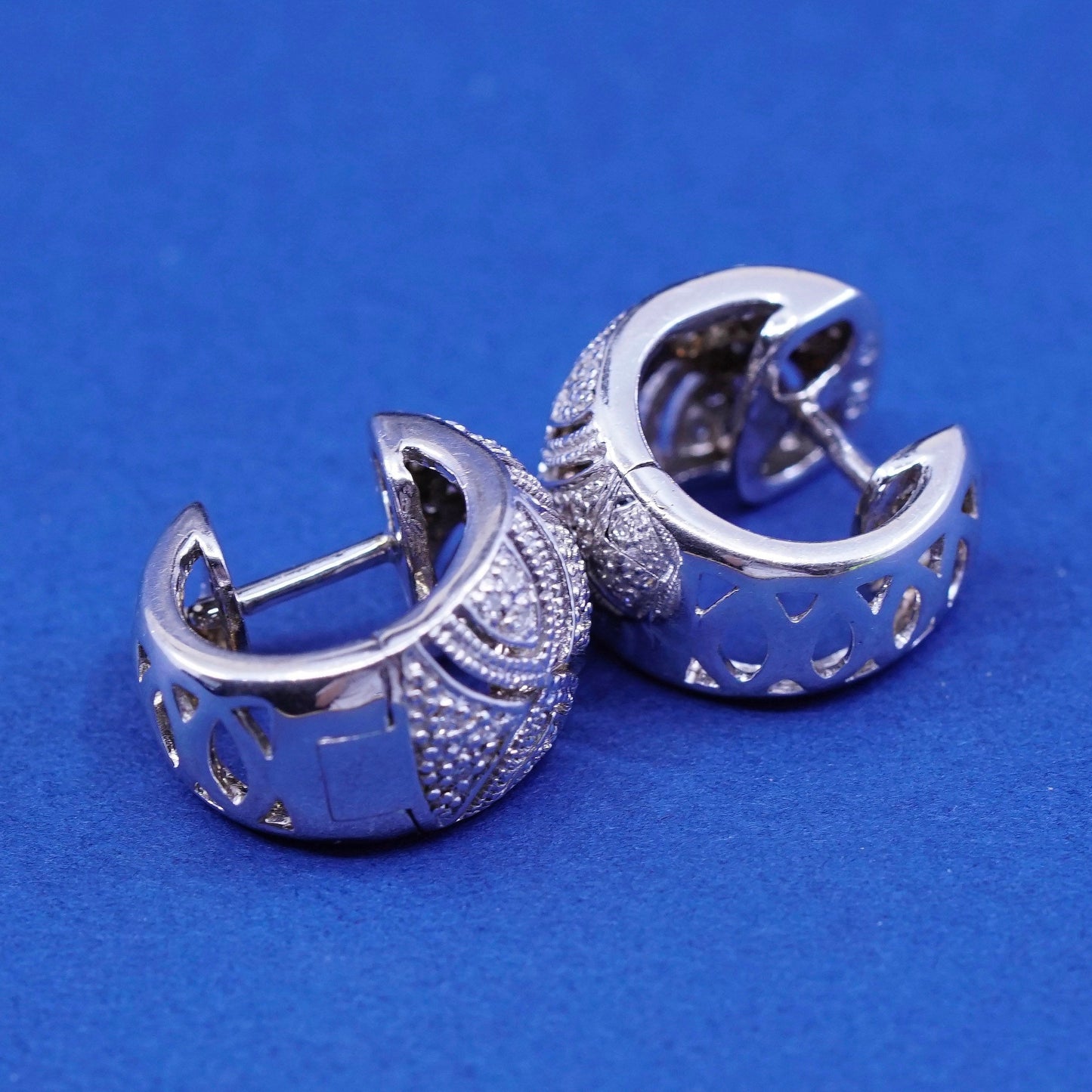 0.5”, Vintage Sterling silver earrings, 925 hoops, huggie with diamond