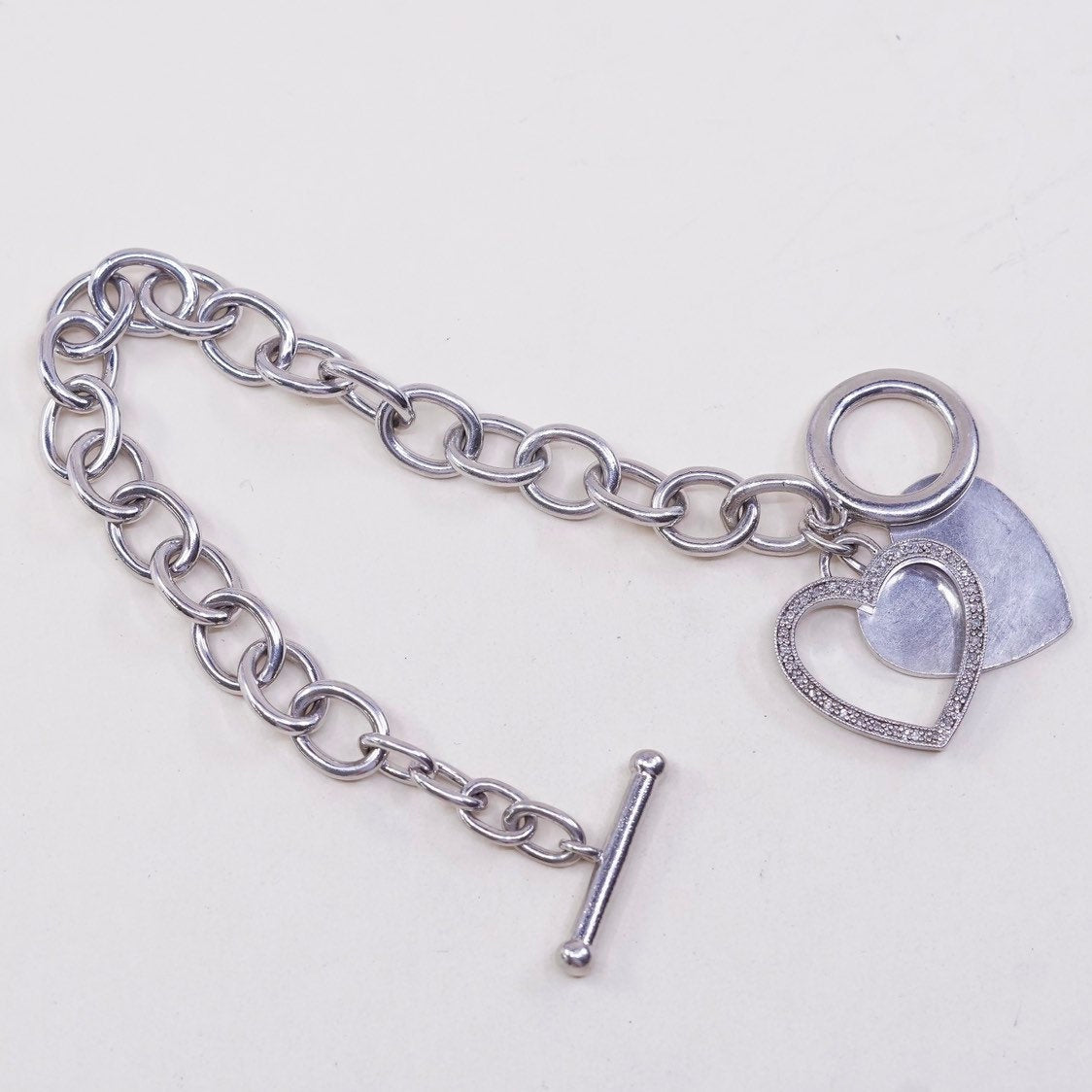 6.75", VTG sterling silver handmade circle bracelet, 925 w/ diamond heart charm