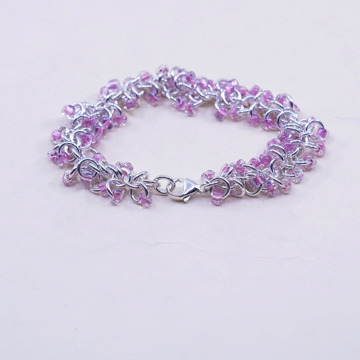 7”, Vintage sterling silver bracelet, 925 circle chain with cluster pink beads