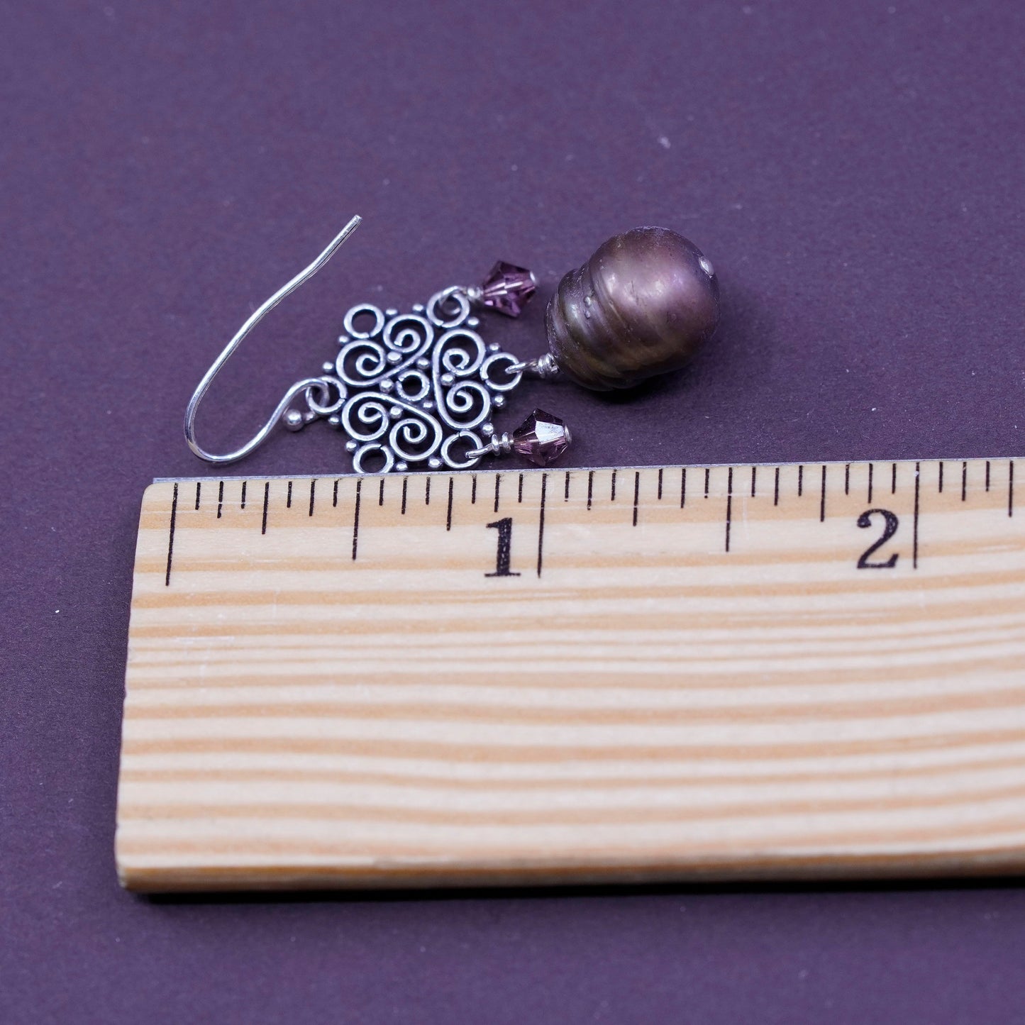 Vintage sterling silver handmade earrings, 925 filigree with purple pearl drops