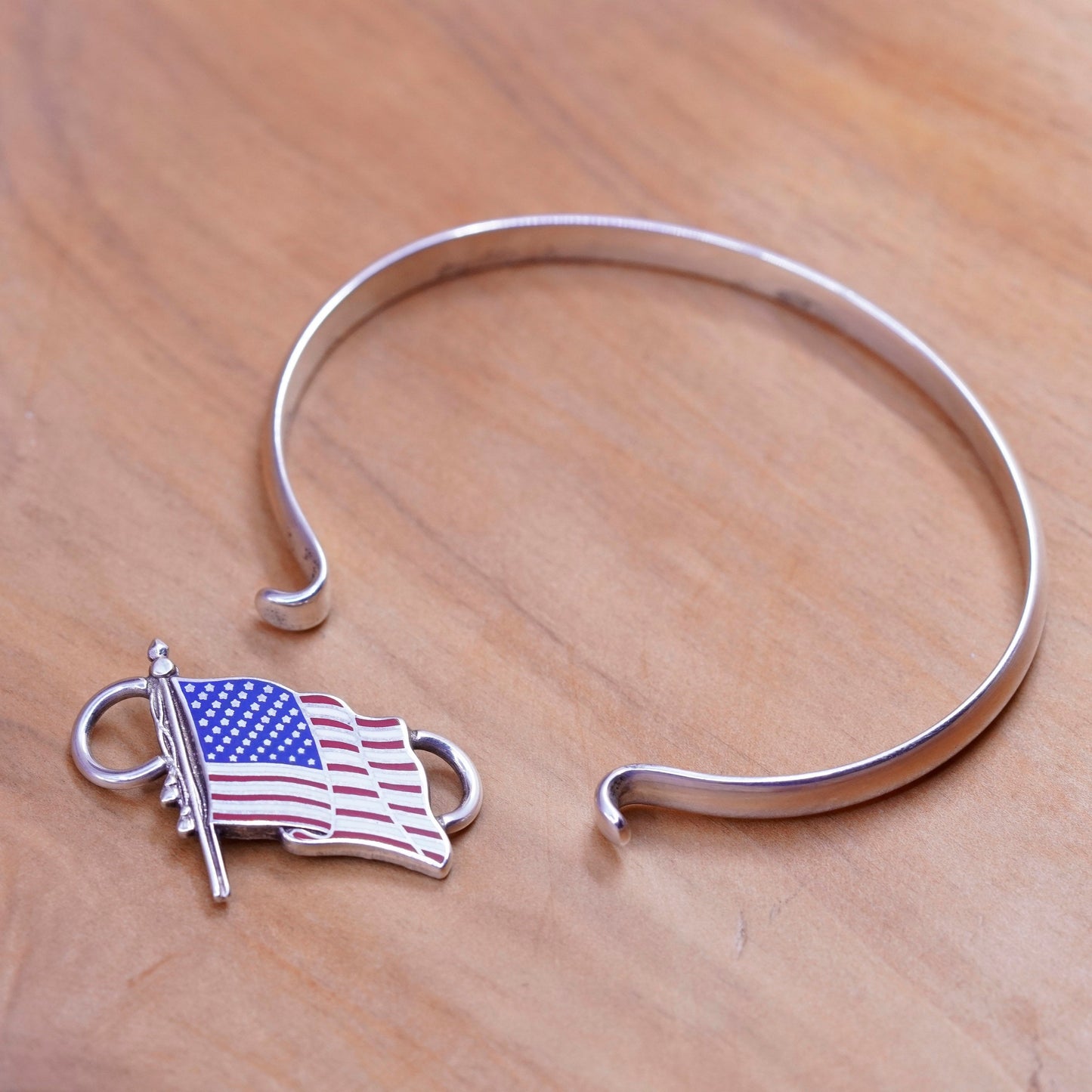 6.5”, sterling silver handmade bracelet, hinged bangle enamel American flag