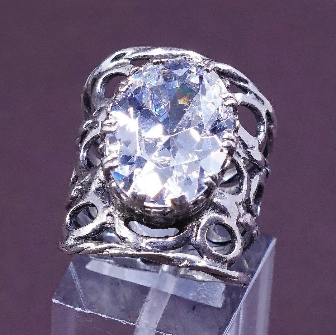 sz 7, vtg Israel Sterling silver handmade ring, 925 statement band w/ cz