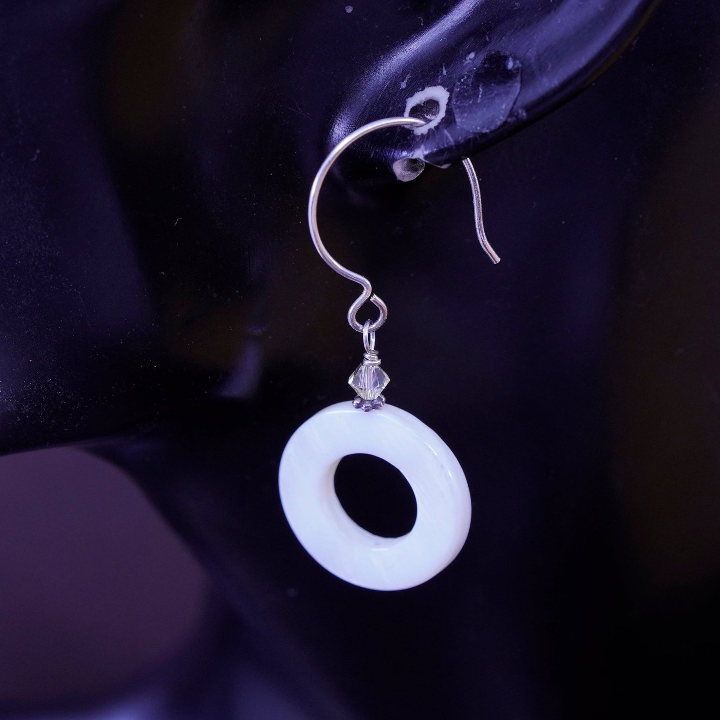 Vintage Sterling silver handmade earrings, 925 hooks w/ circle mother of pearl