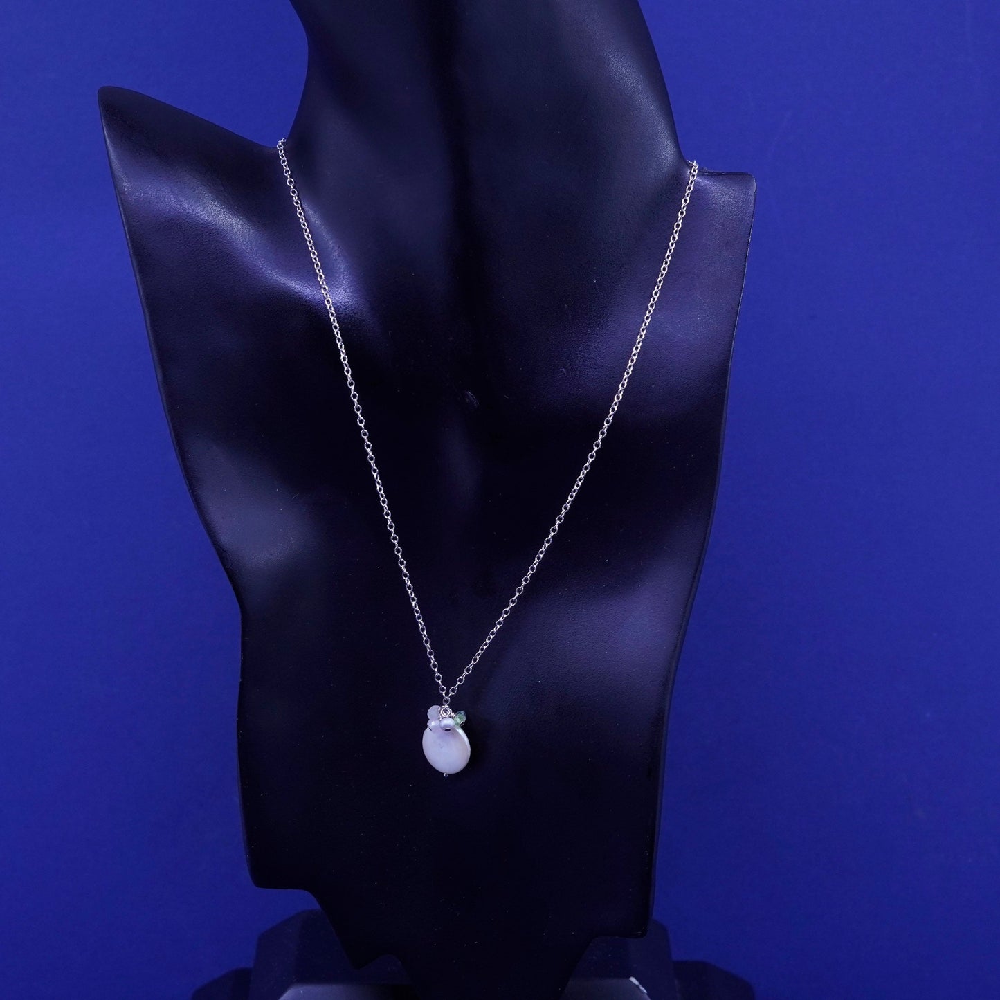 17”, vintage Sterling silver necklace, 925 circle chain with coin pearl pendant