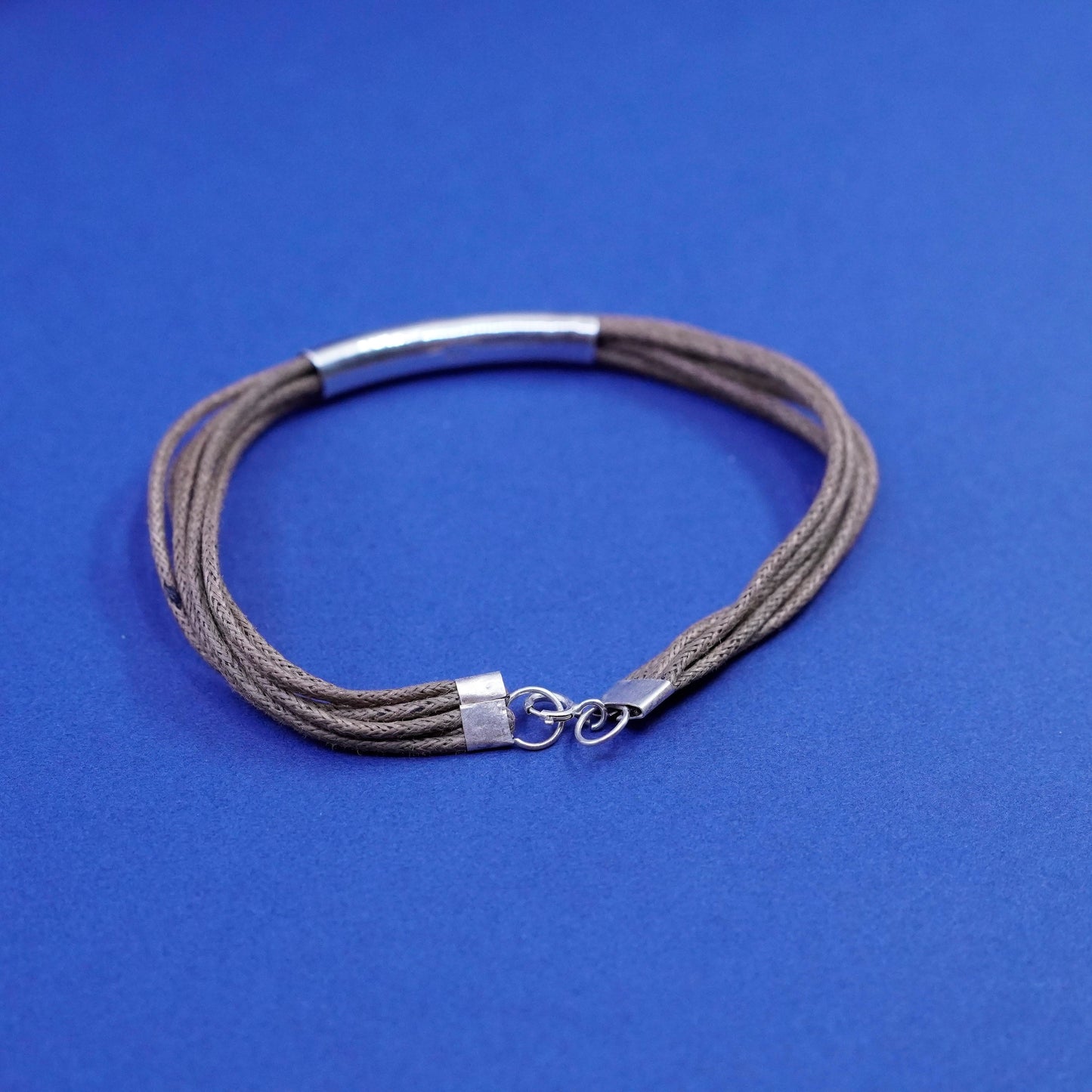 6.75”, vintage Sterling 925 silver handmade bracelet with linen thread and bar