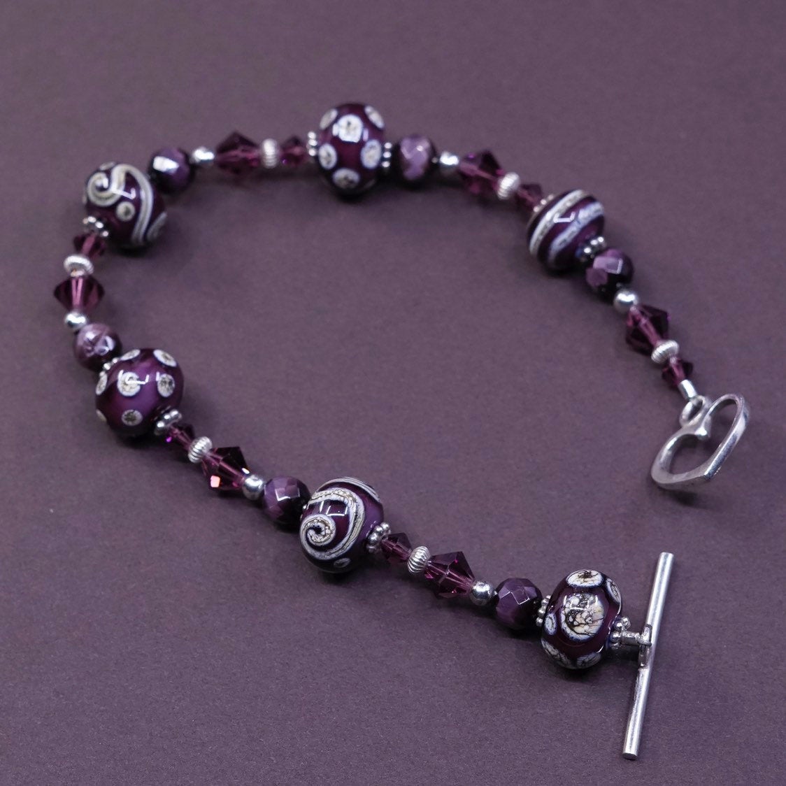 6.75”, vtg sterling 925 silver handmade chain, flower glass bead bracelet