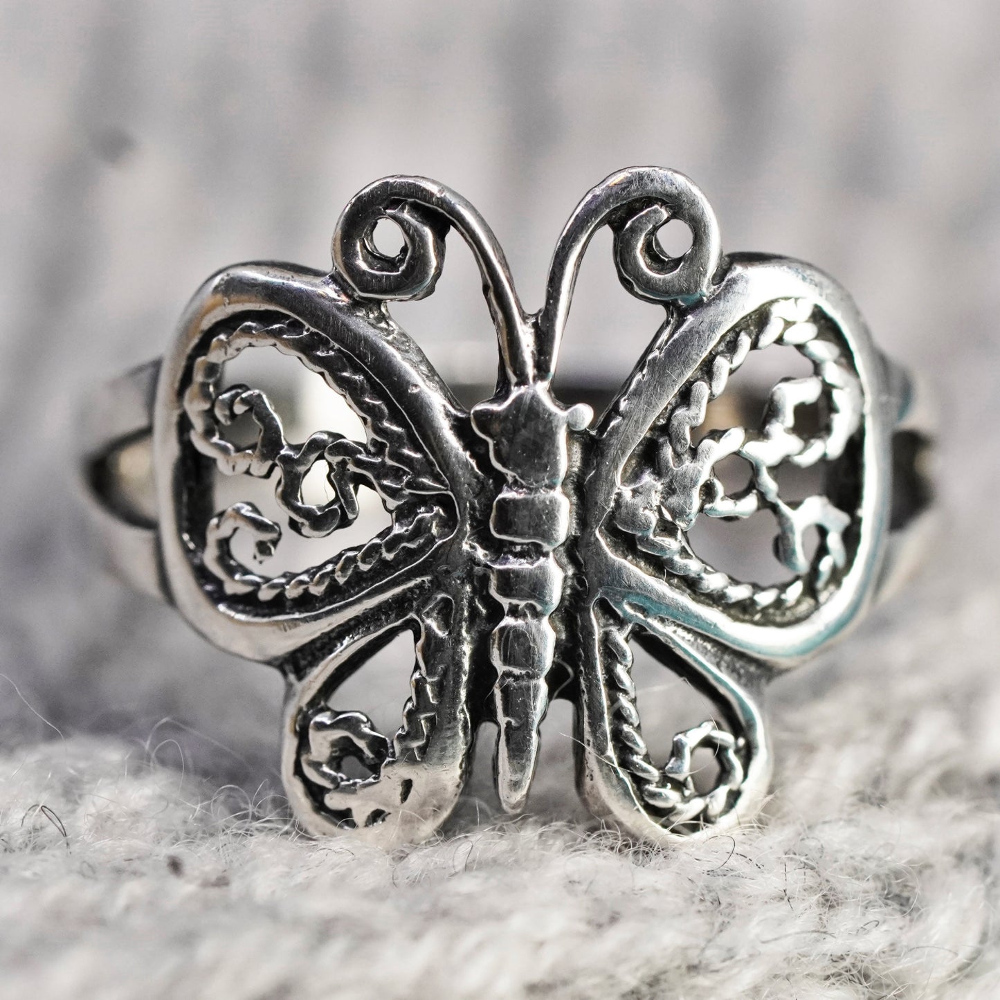 Size 7, vintage sterling silver handmade ring, 925 filigree butterfly band